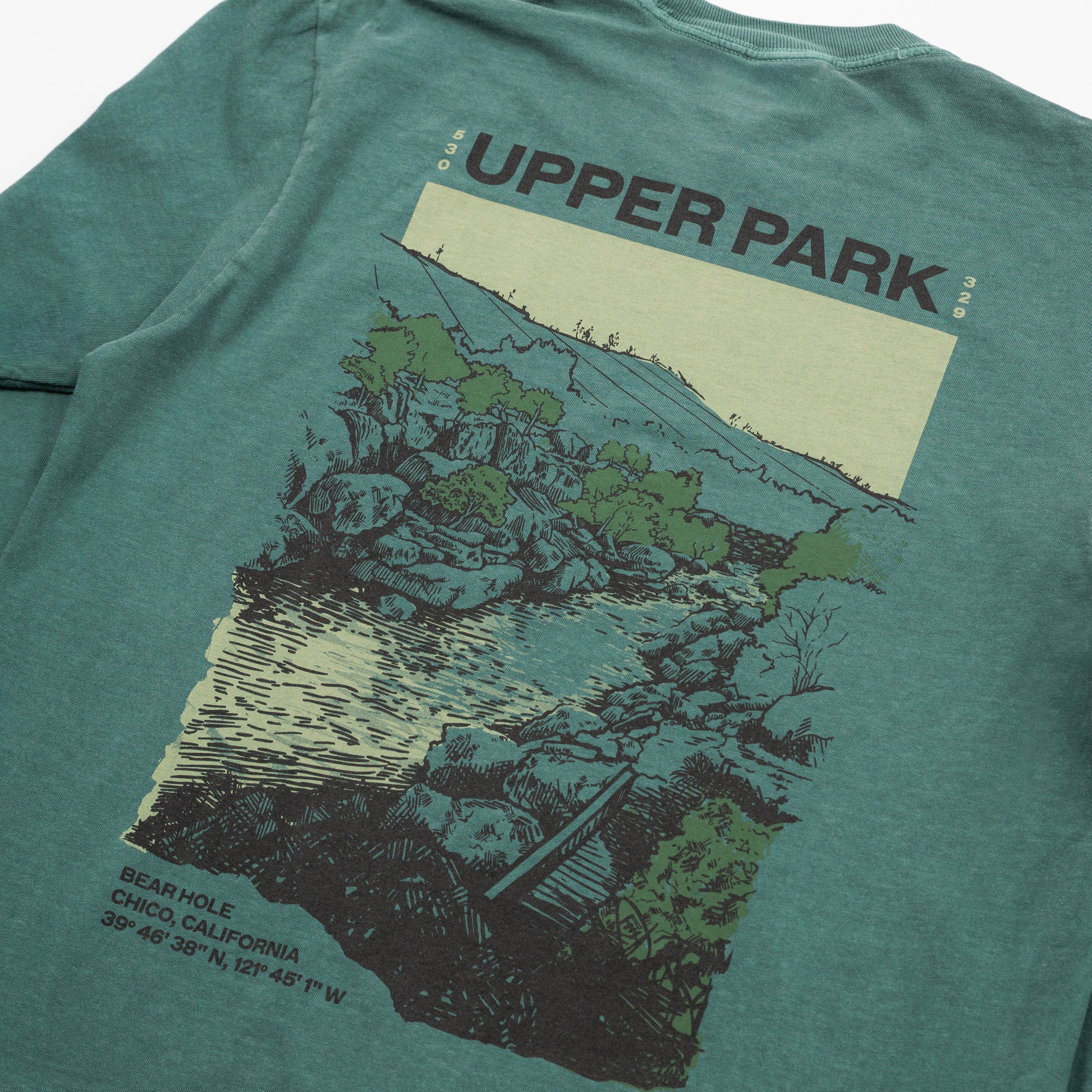 Green t-shirt with 'Upper Park' graphic design on a plain background