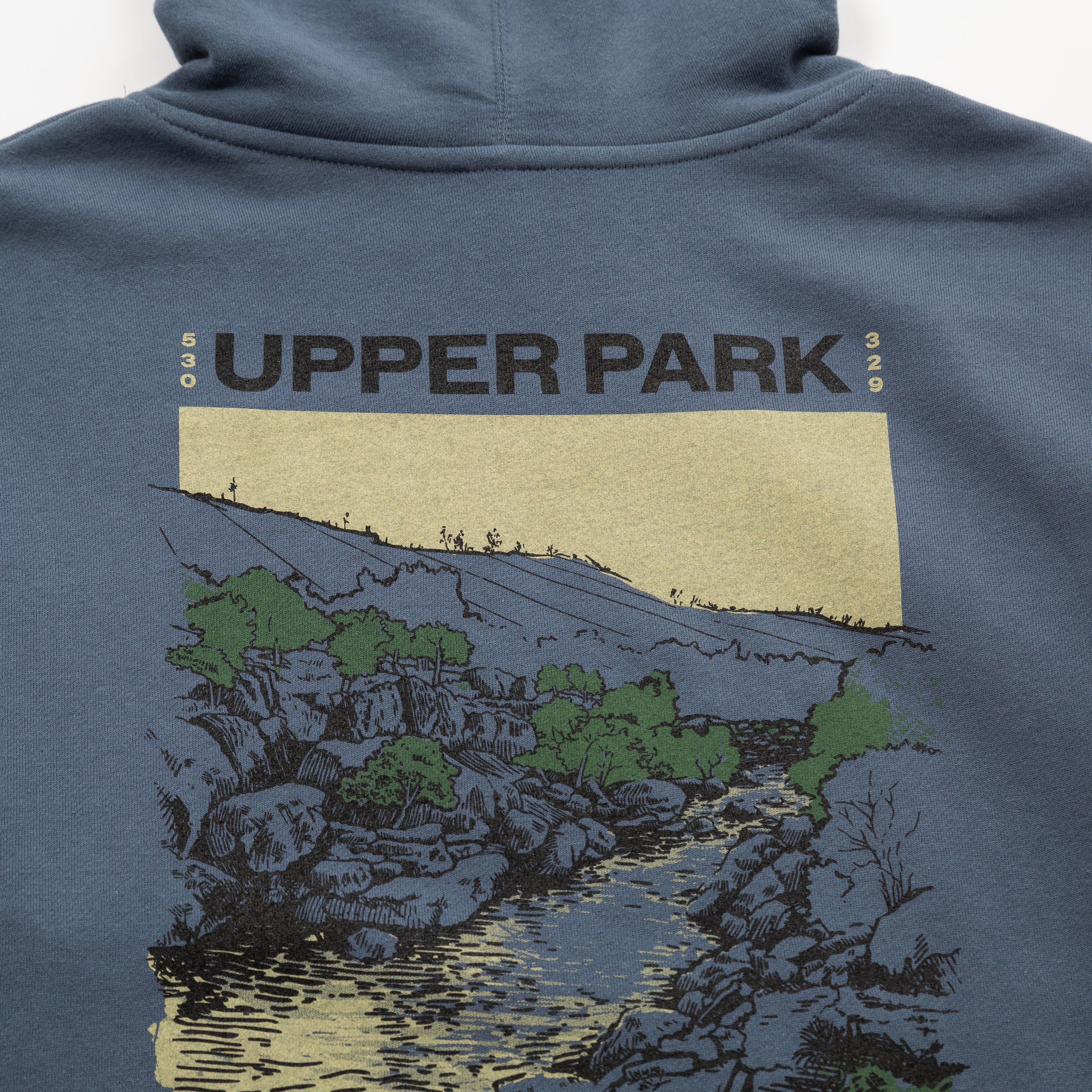 Blue hoodie with 'Upper Park' graphic on the back