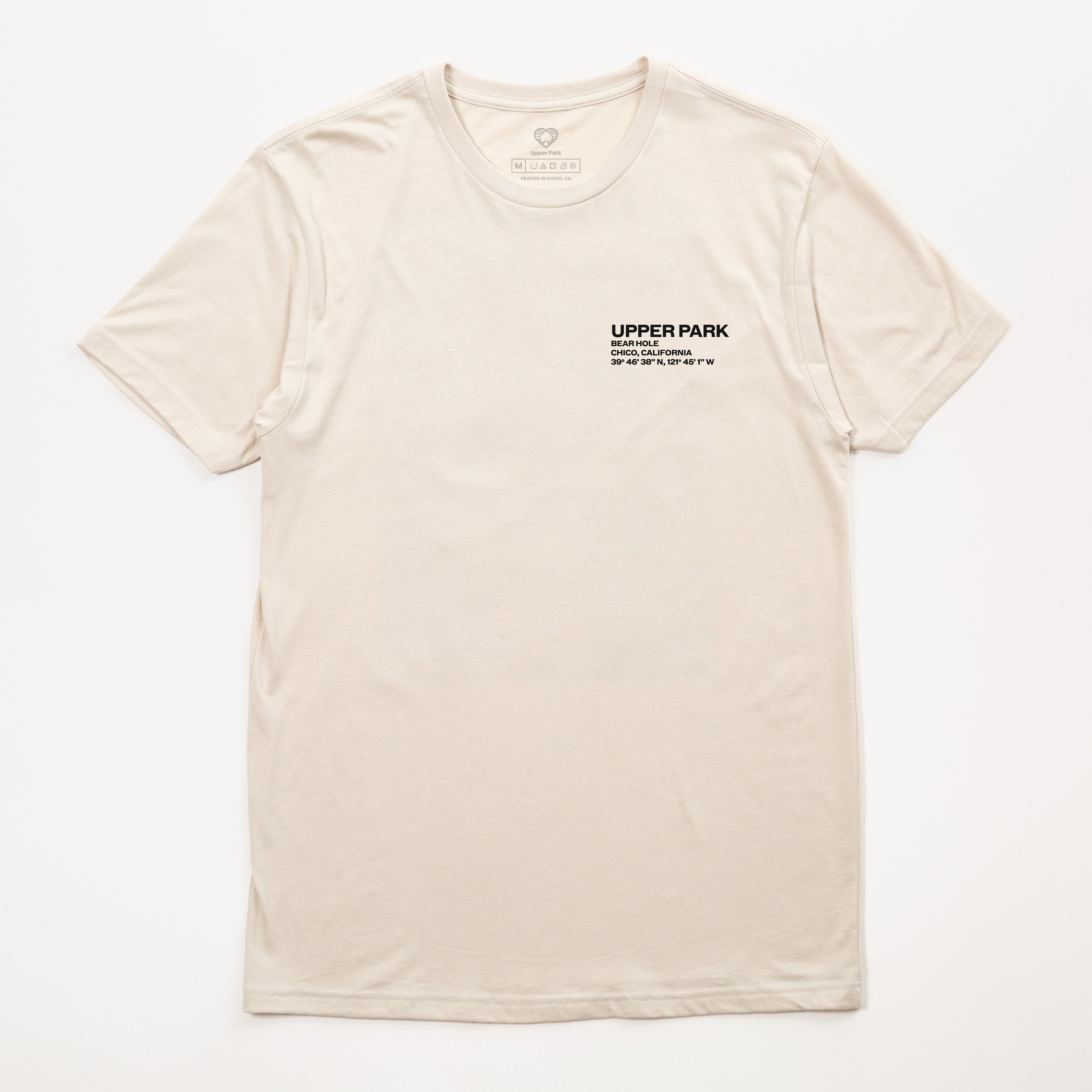 Beige t-shirt with 'Upper Park' logo on a white background - Bear Hole Upper Bidwell Park