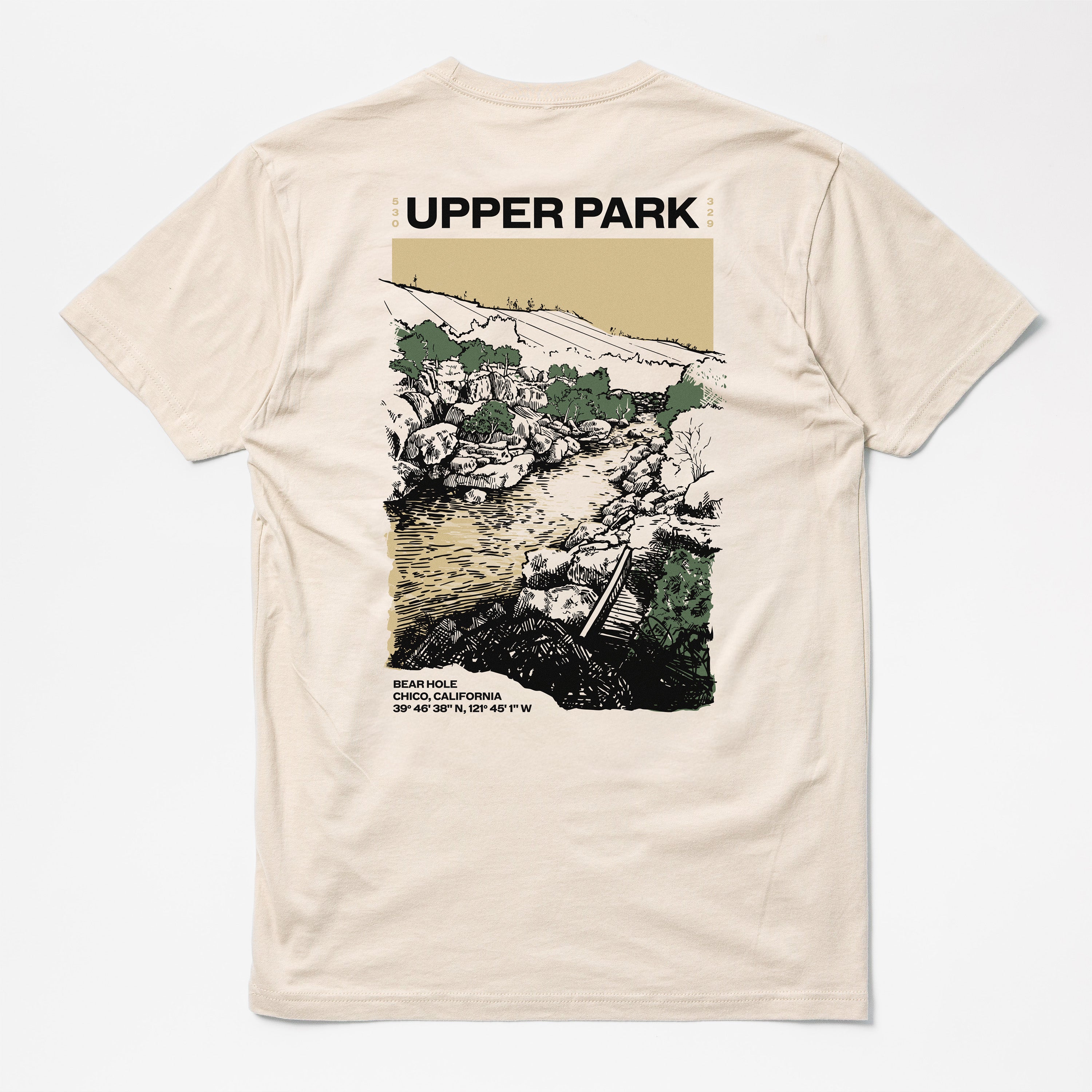 Beige t-shirt with a graphic design and 'Upper Park' text on a white - background - Bear Hole Upper Bidwell Park