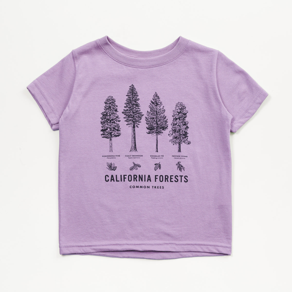 A lavender purple short-sleeve kids' t-shirt featuring a dark purple graphic of four different tree species labeled 'CALIFORNIA FORESTS' and 'COMMON TREES' on the front, displayed flat against a light off-white background.