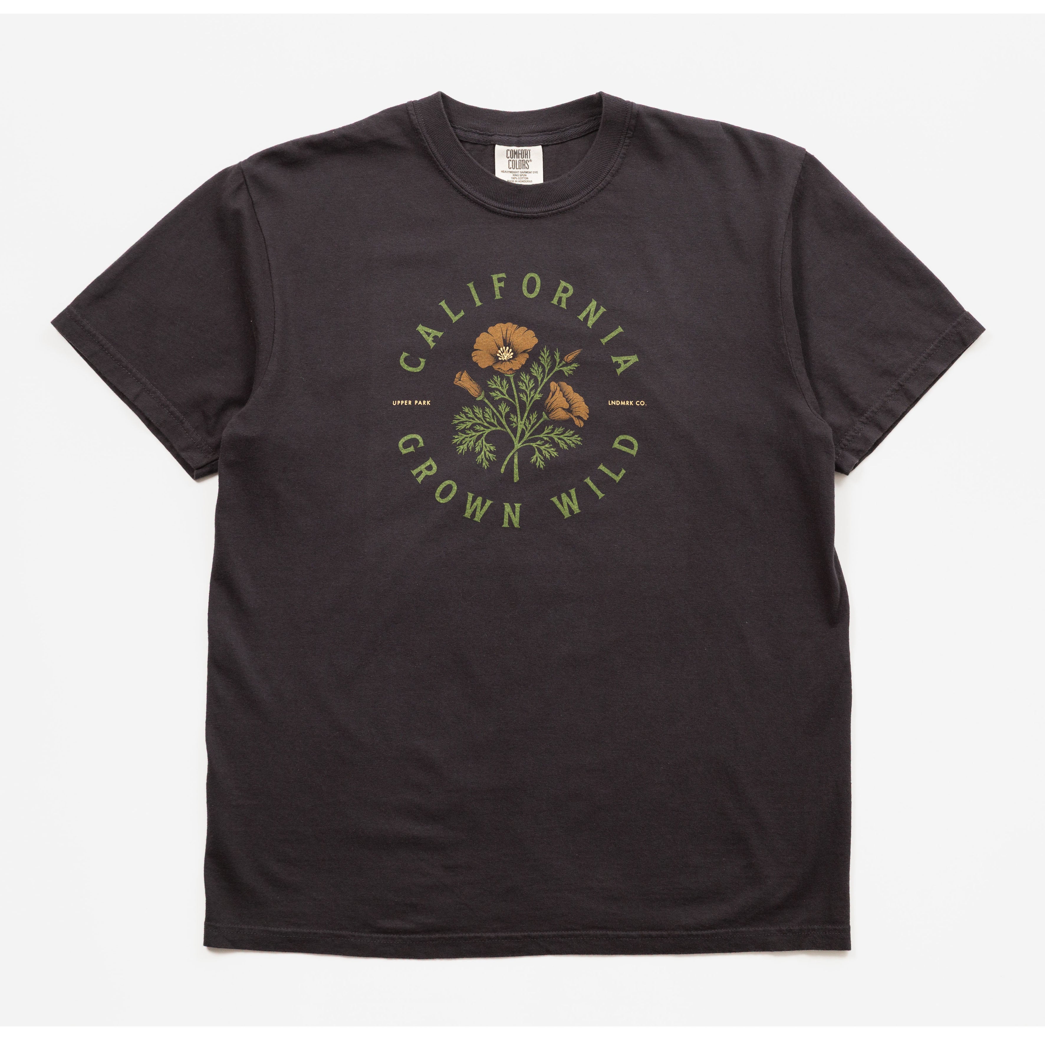 Black t-shirt with 'California Grown Wild' graphic on a white background