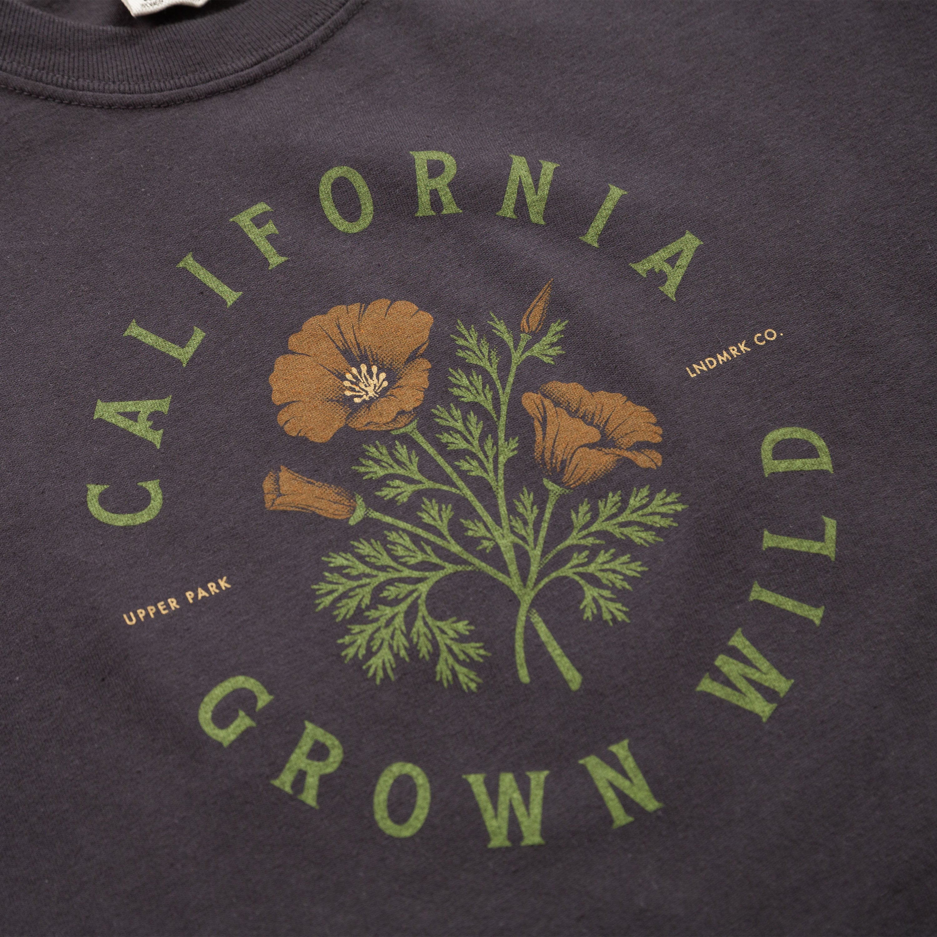 Dark gray sweatshirt with 'California Grown Wild' graphic and floral design.