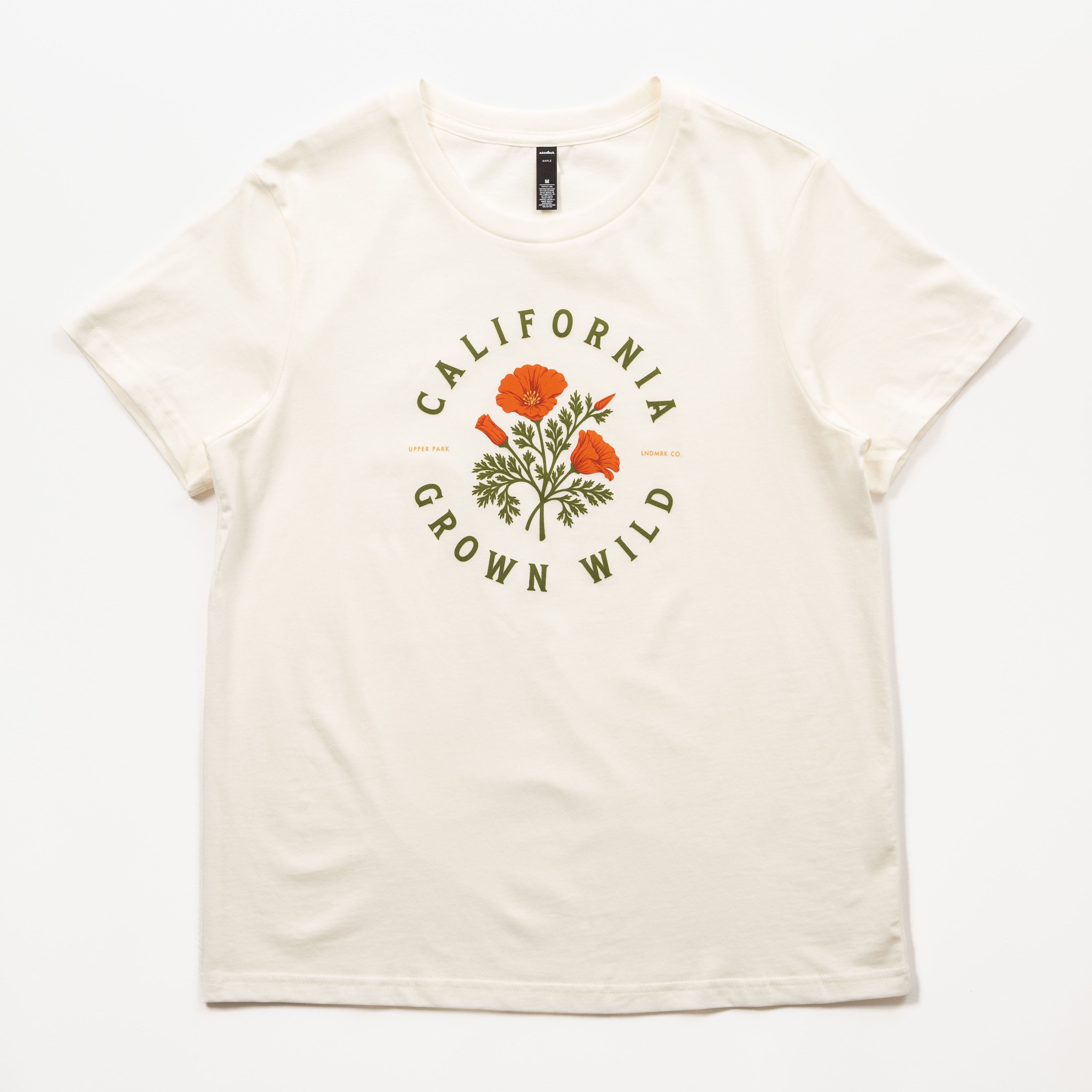 White t-shirt with 'California Grown Wild' graphic on a white background