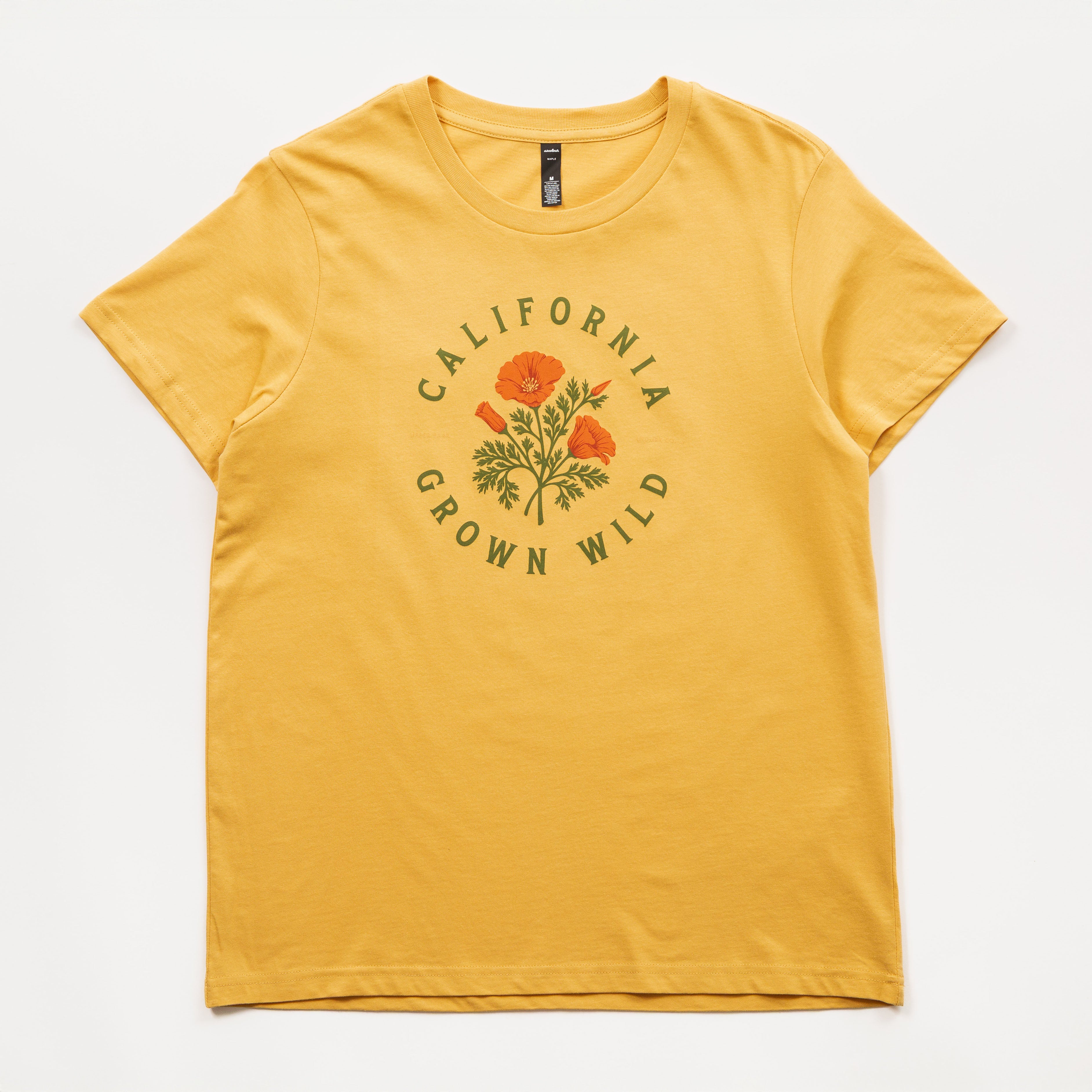 Yellow t-shirt with 'California Grown Wild' graphic on a white background