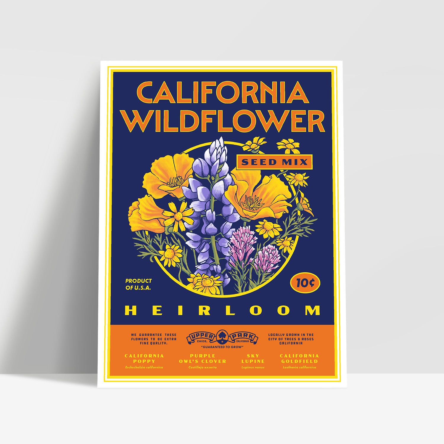 Vintage-style poster for California Wildflower Seed Mix with colorful flowers on a blue background.