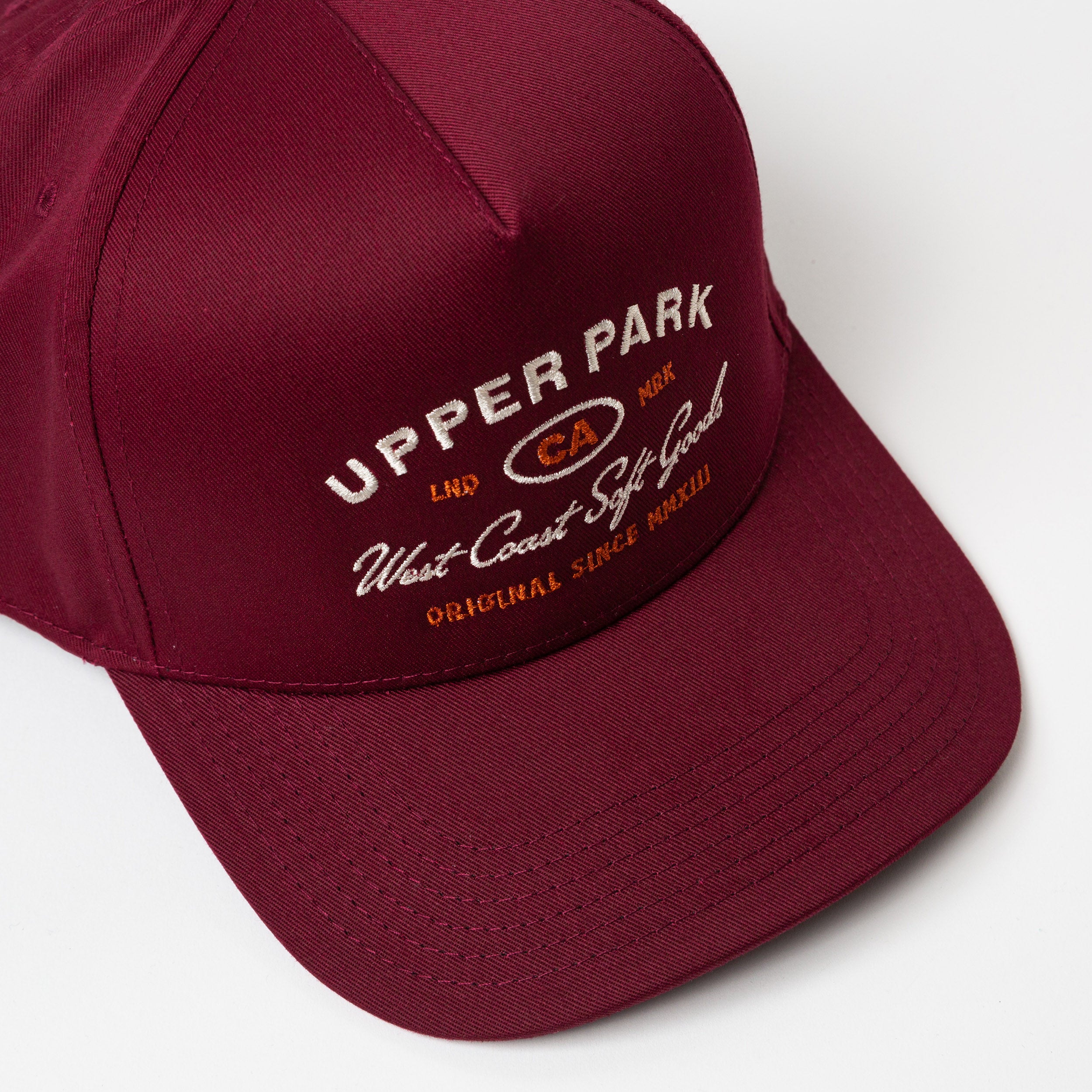 Diego Hat Maroon - Upper Park Clothing - West Coast Soft Goods - California Hat Embroidery Detail