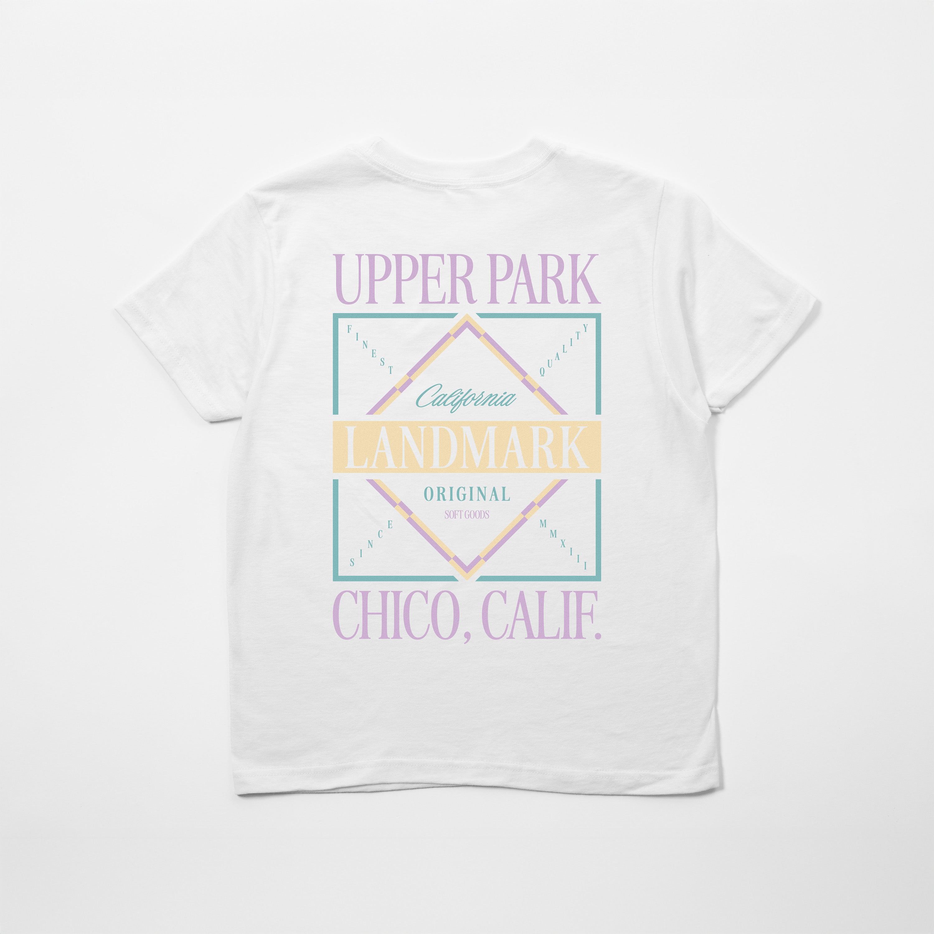White t-shirt with colorful graphic and text on a white background