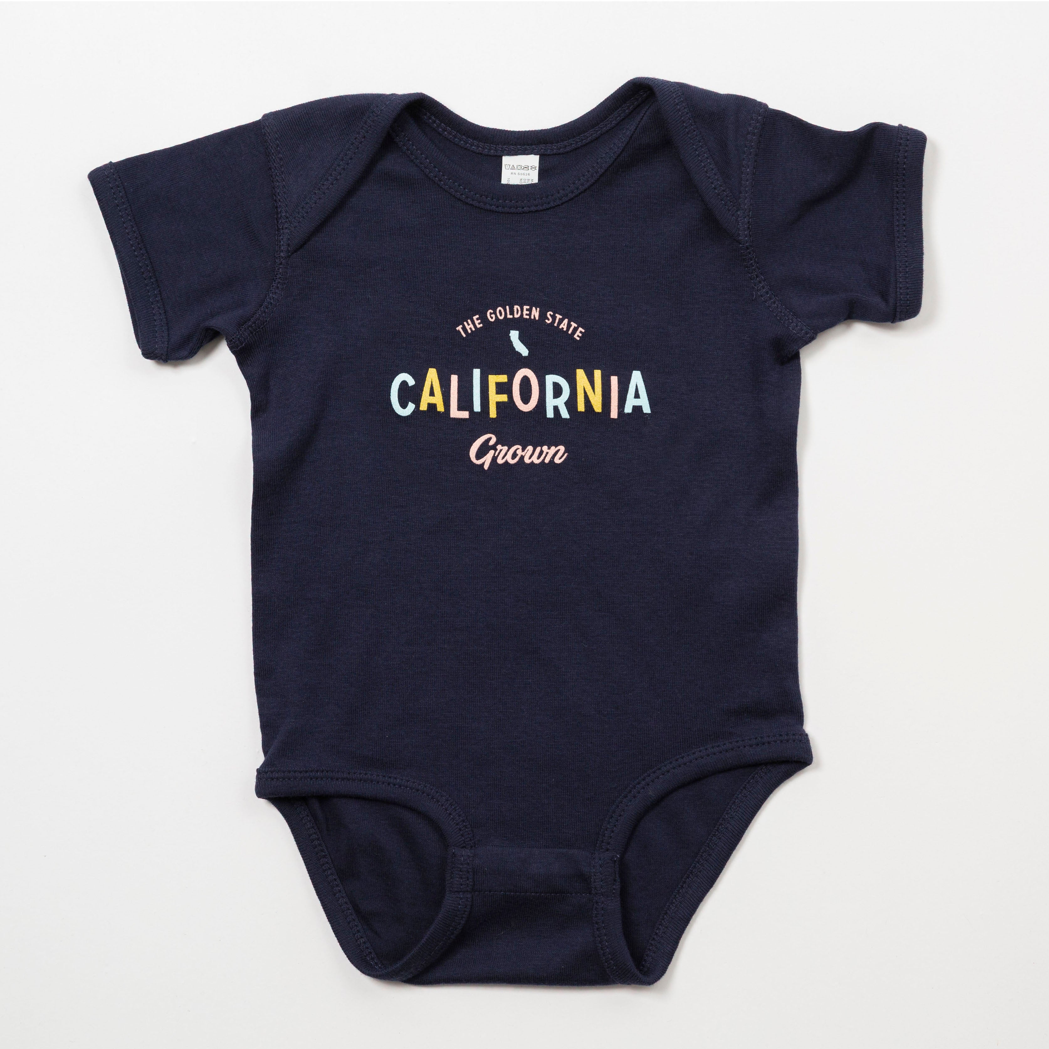 Navy blue baby onesie with 'California Grown' text on a white background - Upper Park Baby Onesie California Collection
