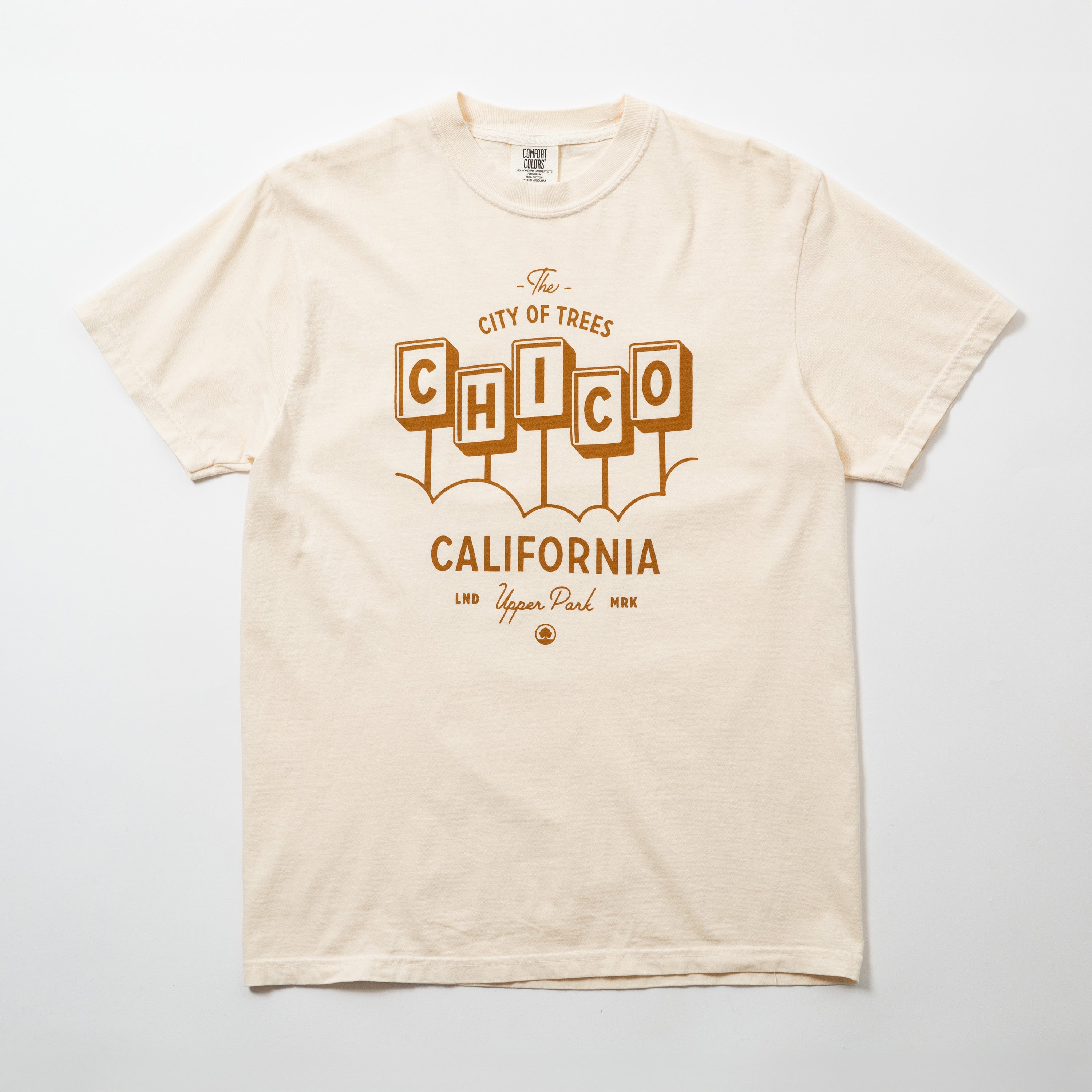 Beige t-shirt with 'Chico California' text on a white background
