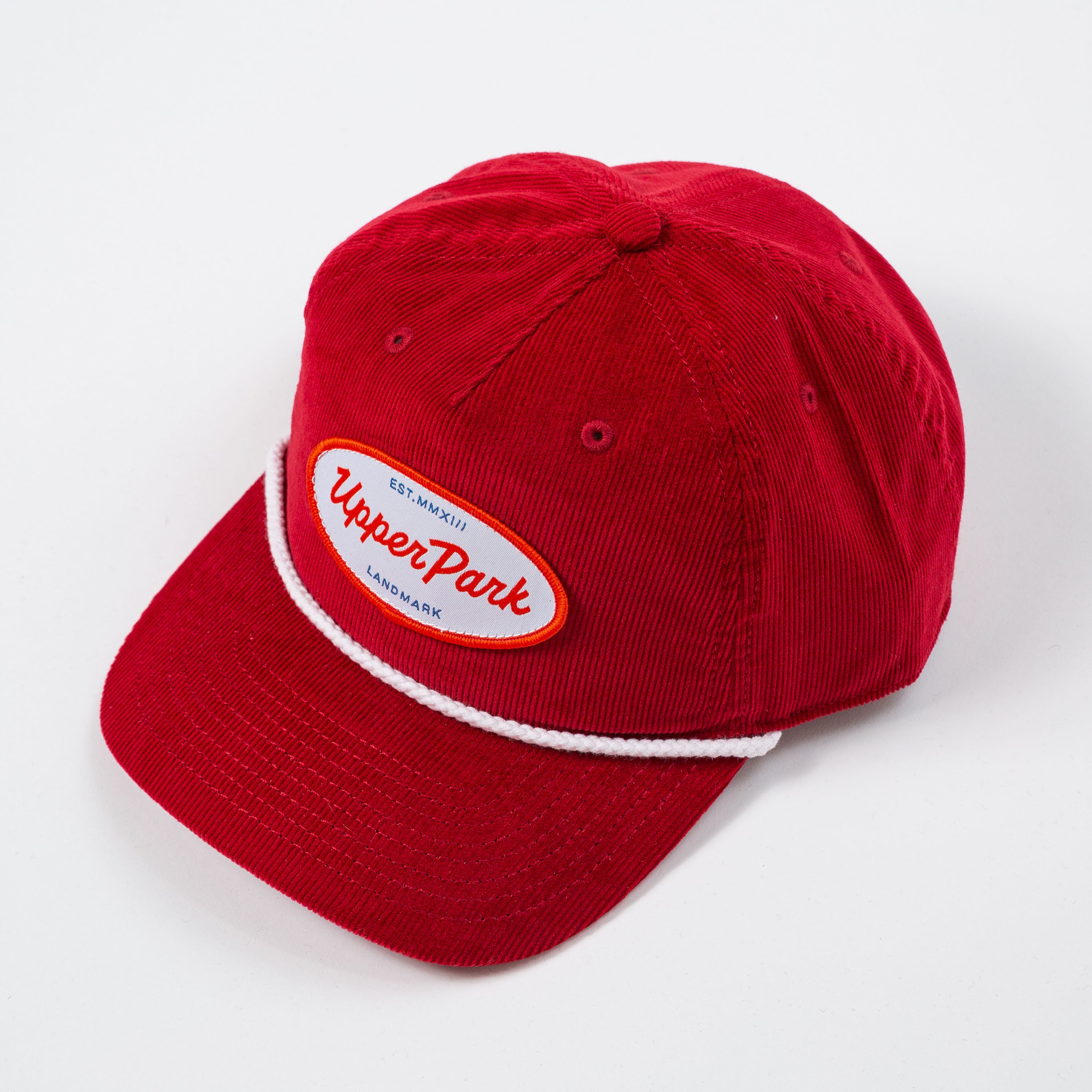 Red cap with 'Upper Park' logo on a white background - Values Corduroy Rope Hat