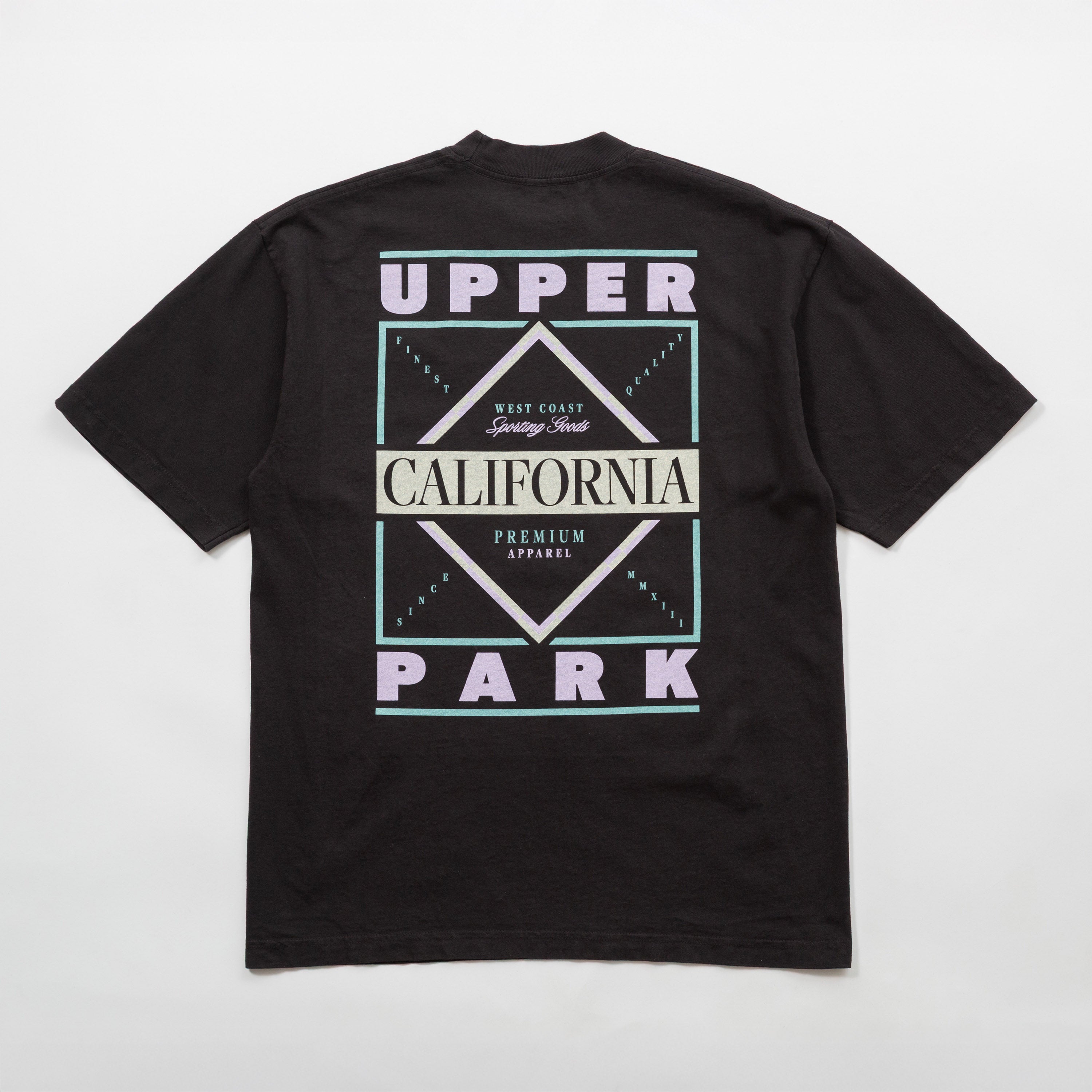 Black t-shirt with 'Upper California Park' graphic on a white background