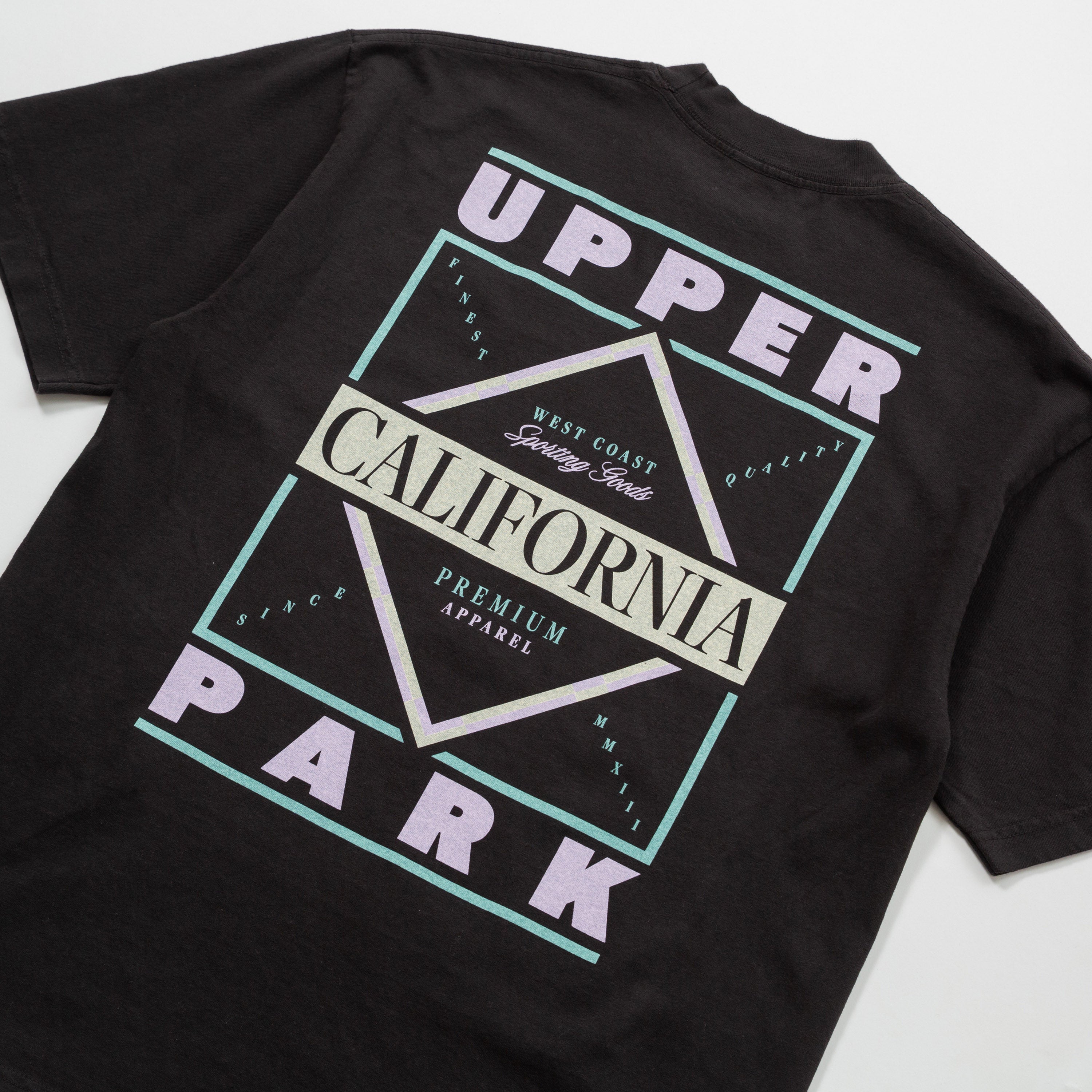 Black t-shirt with 'Upper California Park' graphic design on a white background