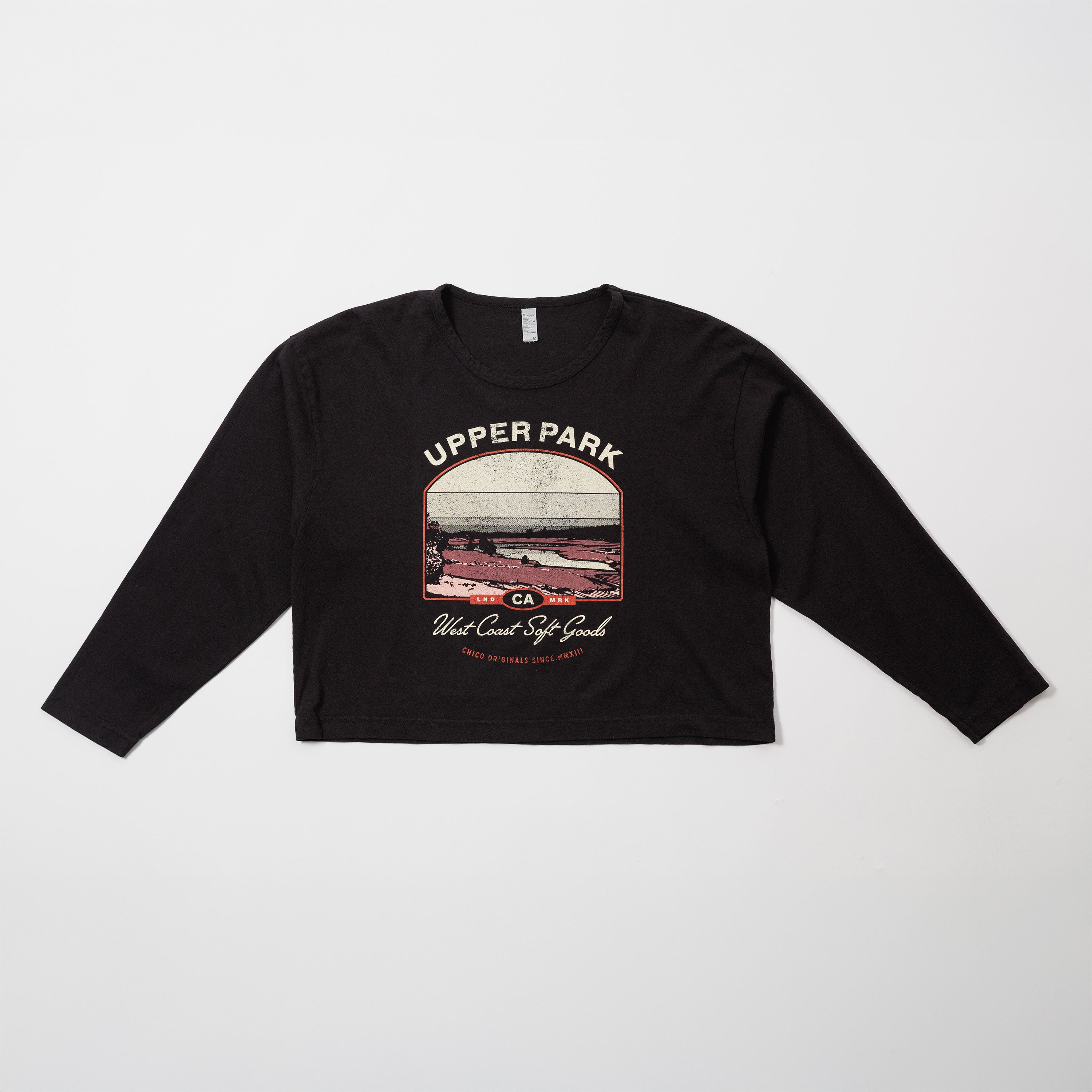 Black long-sleeve crop top with graphic design on a light gray background - Upper Park Horseshoe Lake Sunset Shirt
