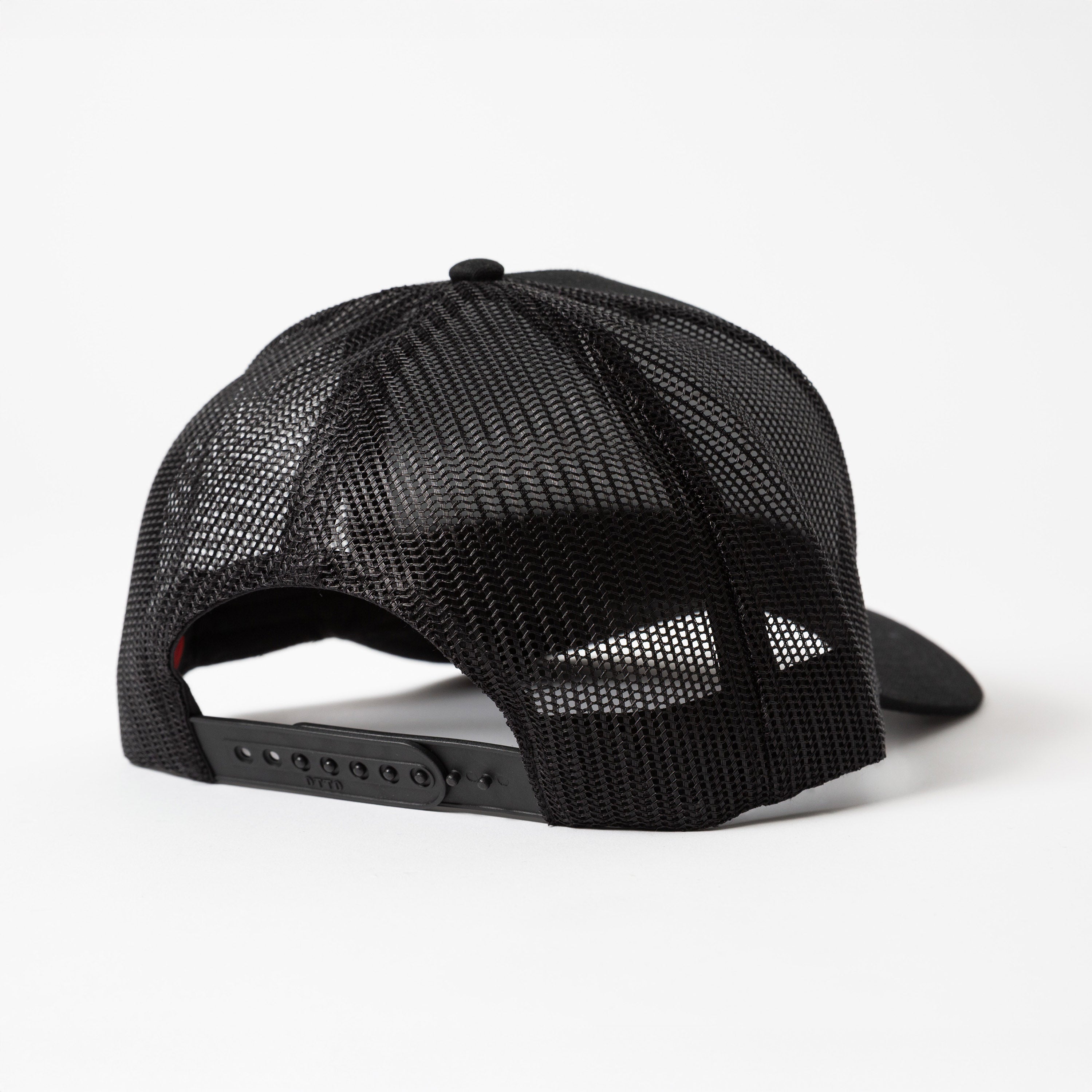 Upper Park Pro Label 5 Panel Trucker Hat - Black mesh cap on a white background