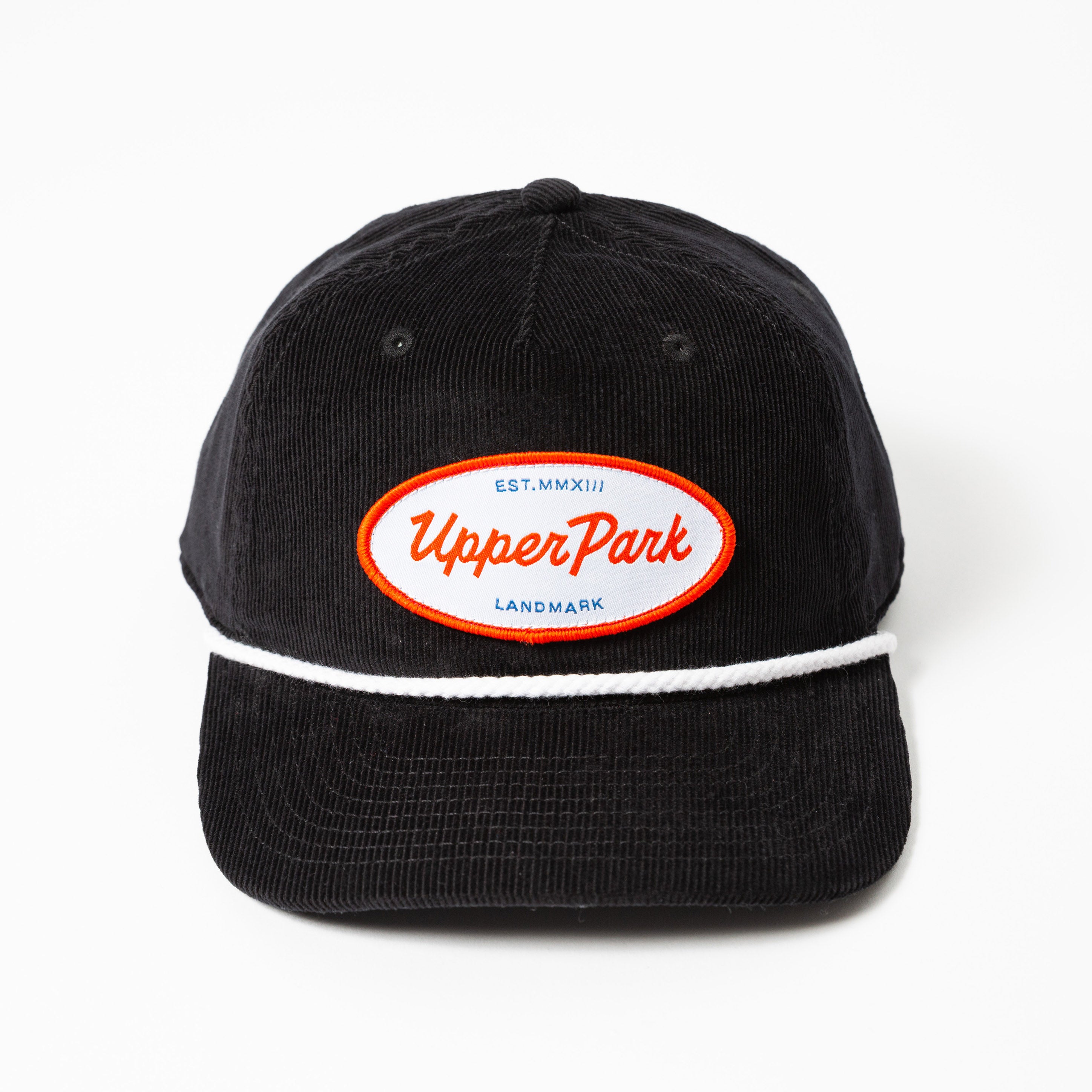 Black cap with 'Upper Park' logo on a white background - Values Corduroy Rope Hat