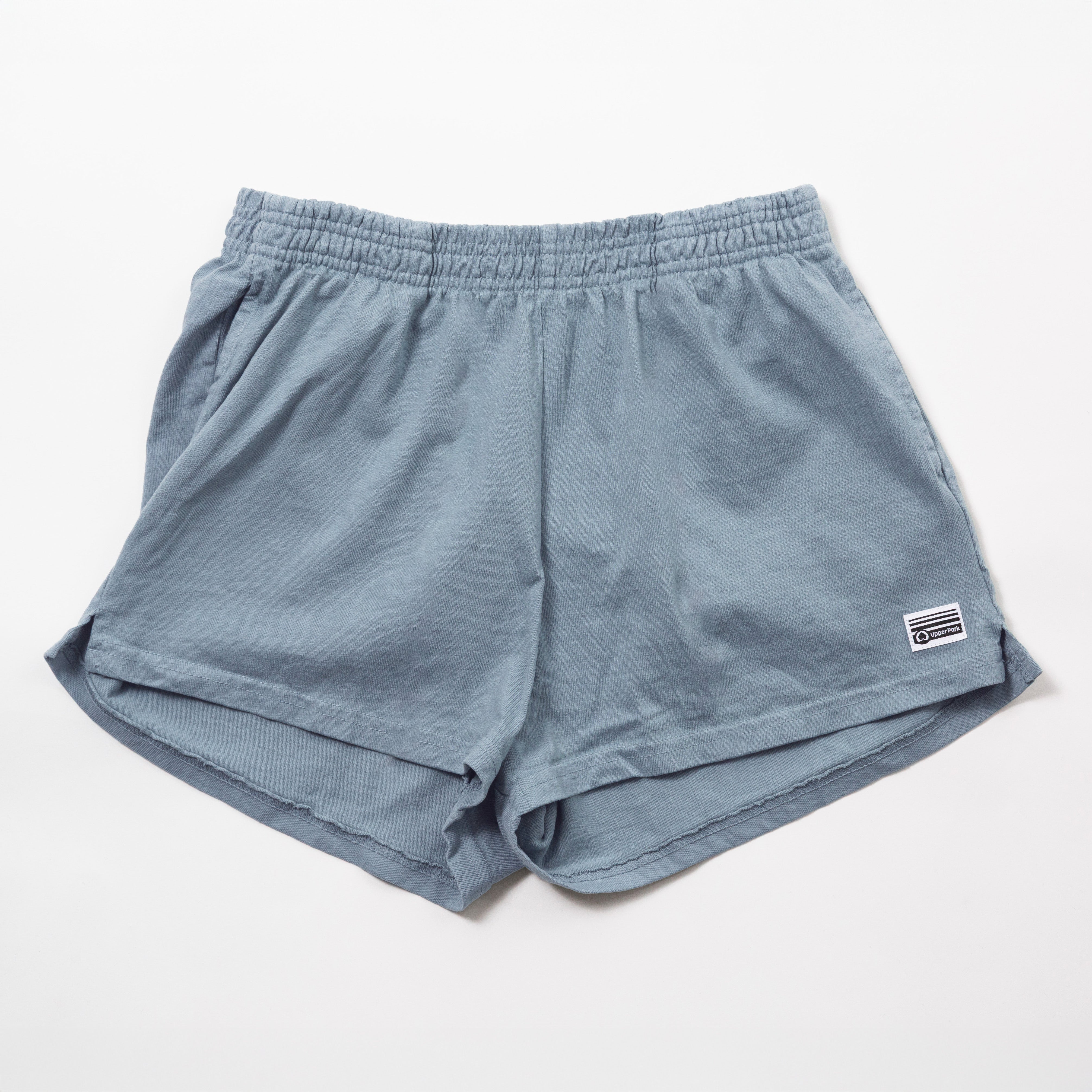 Women's Garment Dyed Heavy Jersey Shorts - 100% Cotton - Blue shorts with a brand logo on a white background - Cotton Gym Shorts