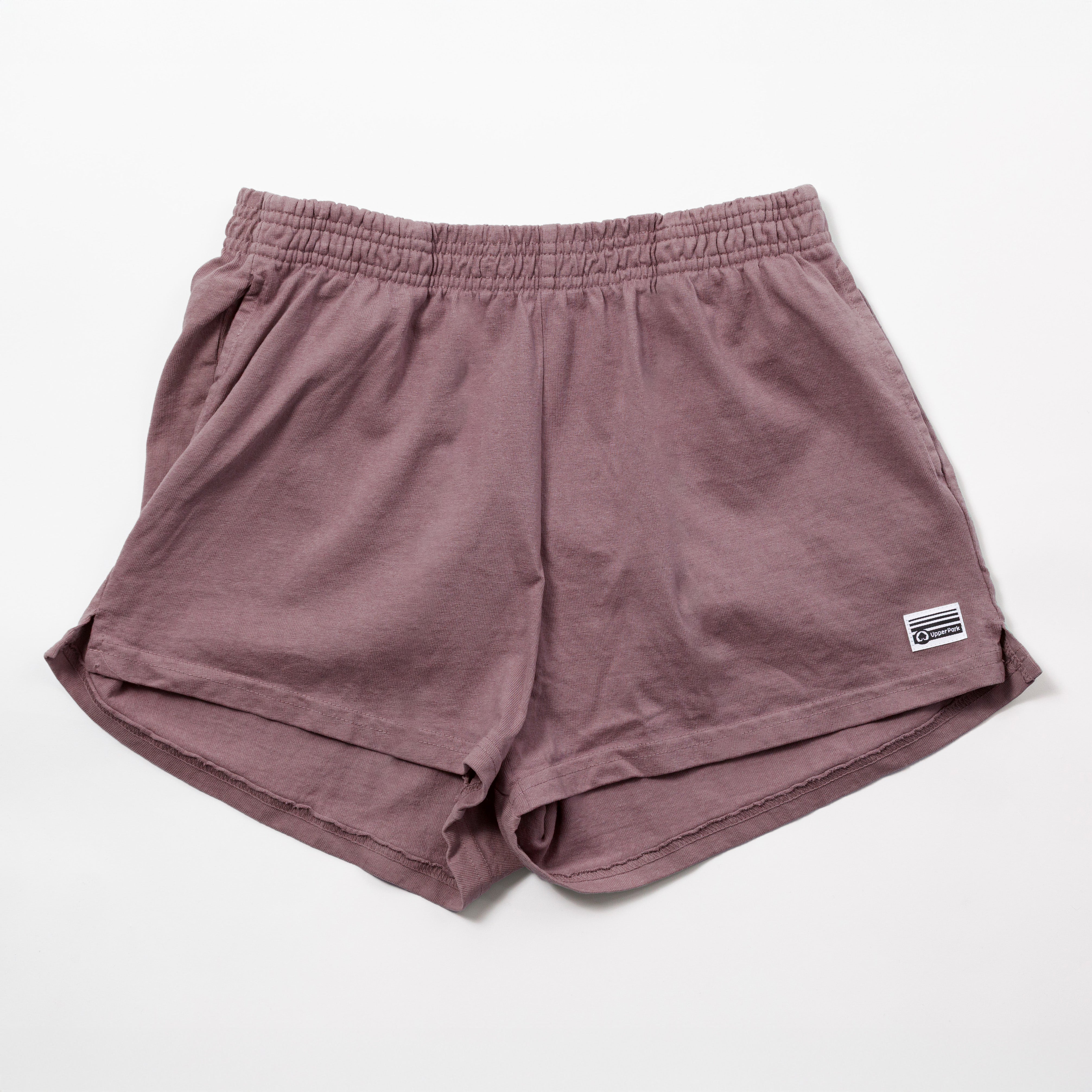 Women's Garment Dyed Heavy Jersey Shorts - 100% Cotton - Pair of mauve shorts on a white background - Cotton Gym Shorts