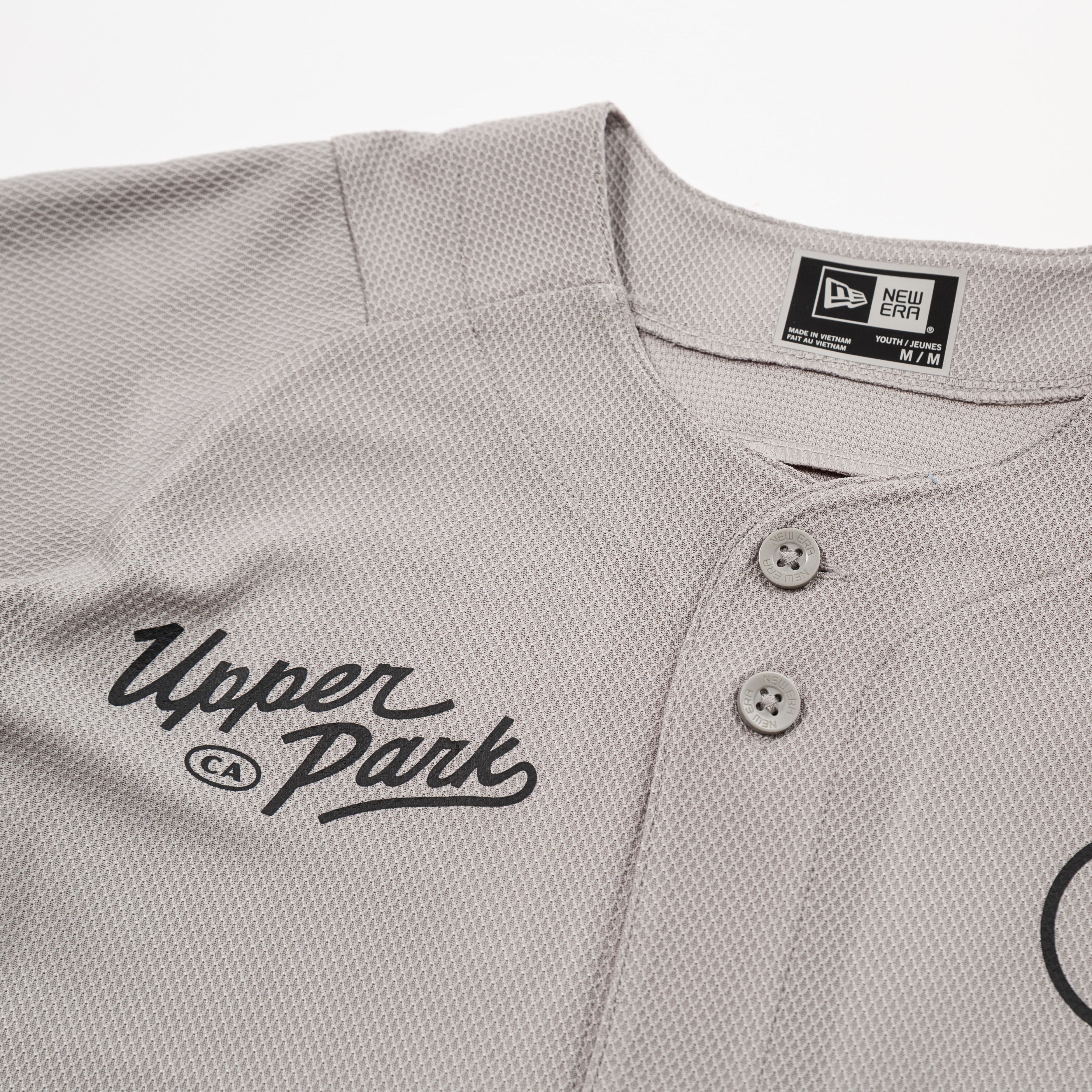 Gray baseball jersey with 'Upper Park' logo and New Era label - 530 Upper Park New Era Jersey