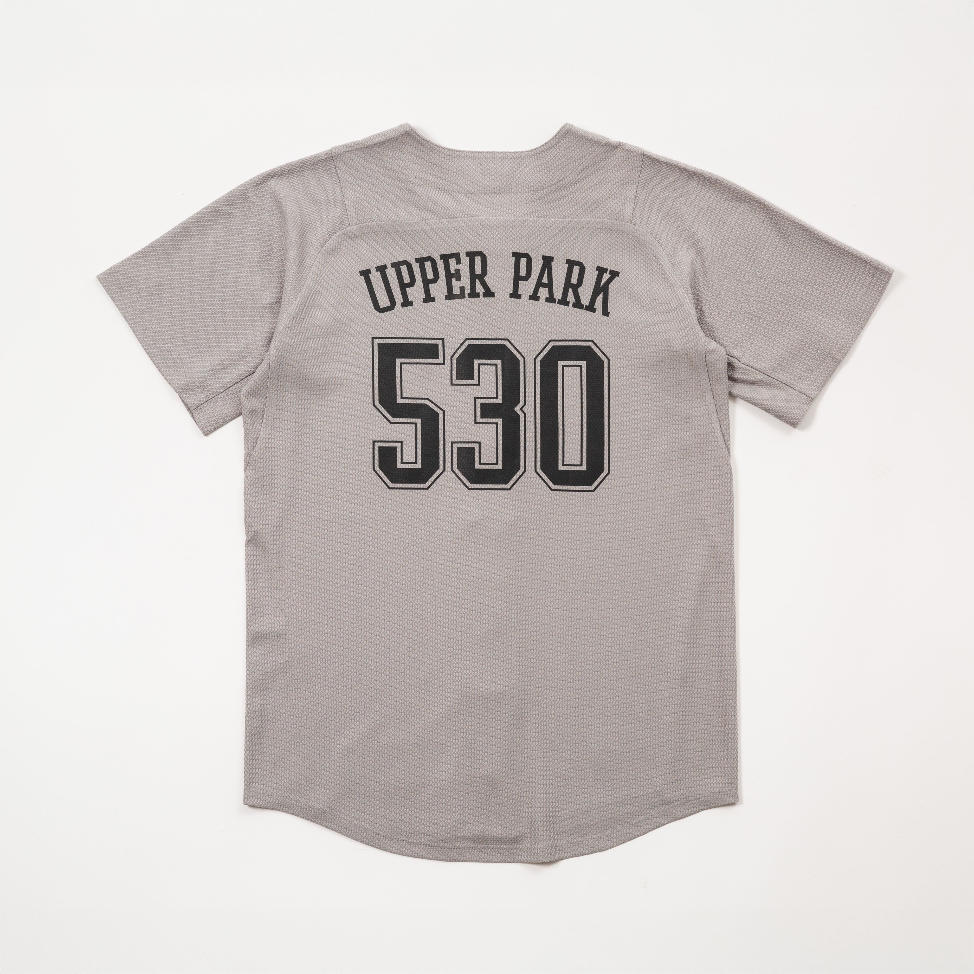Gray t-shirt with 'Upper Park 530' print on a white background - 530 Upper Park New Era Jersey