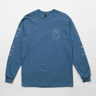 Bay Waves Standard Long Sleeve Shirt - Upper Park Clothing - Blue long-sleeve shirt with white text and logo on a light gray background