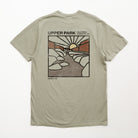 A light sage green t-shirt shown from the back, featuring a large vintage-style graphic print of 'Upper Park, California, Chico, Ca' with a sun, rocks, and a river.