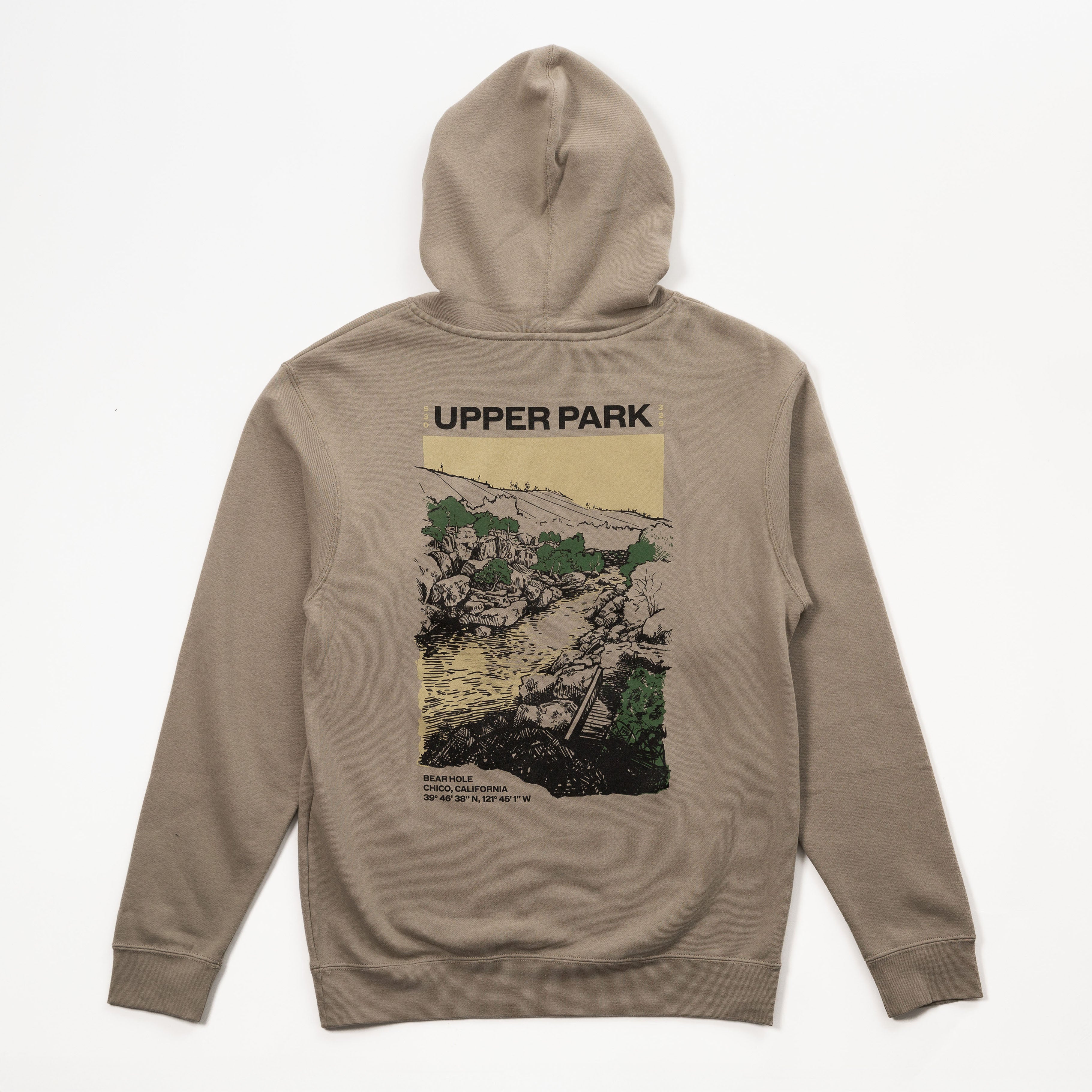 Beige hoodie with graphic design on the back on a white background