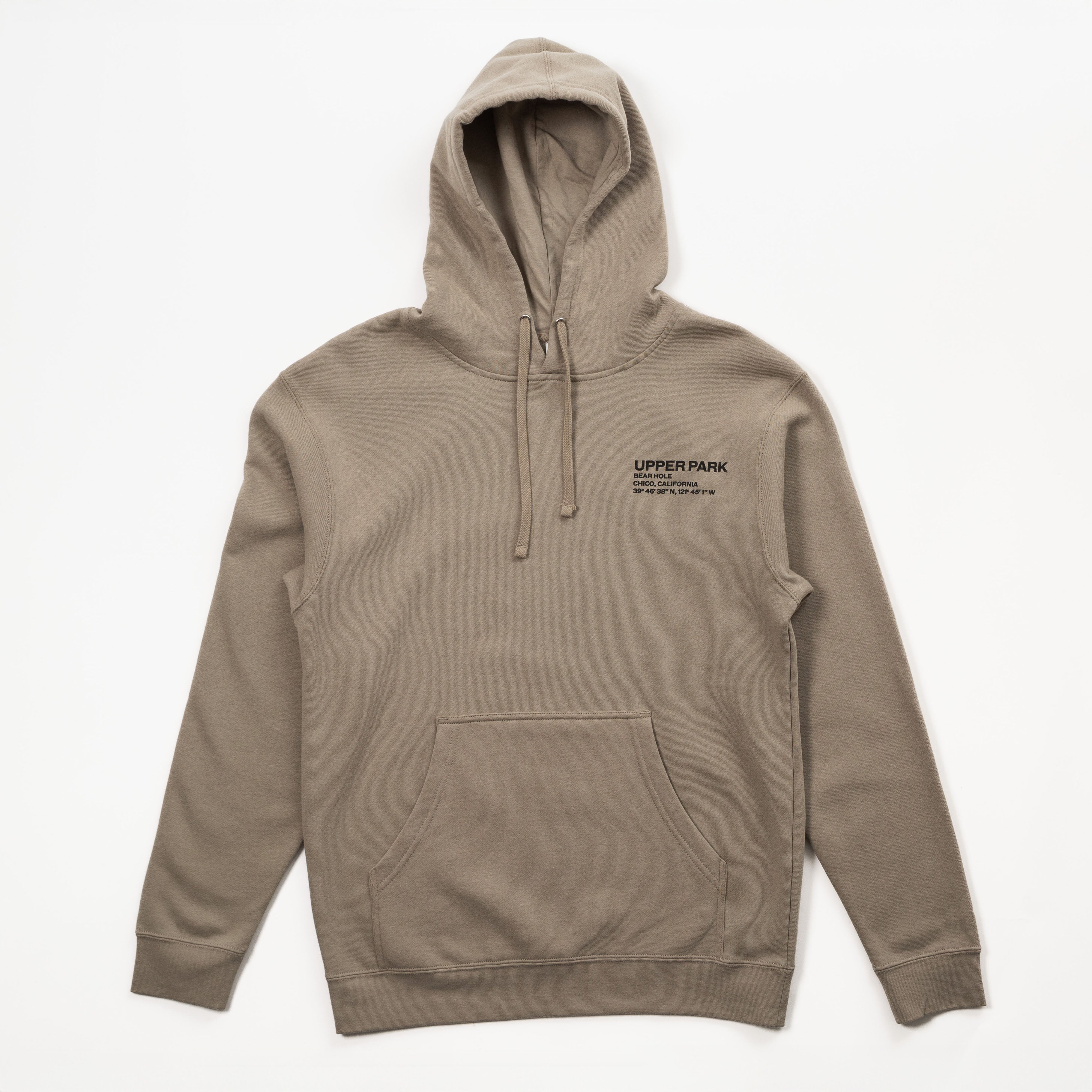 Beige hoodie with a brand logo on a white background