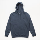 Blue hoodie with a brand logo on a white background