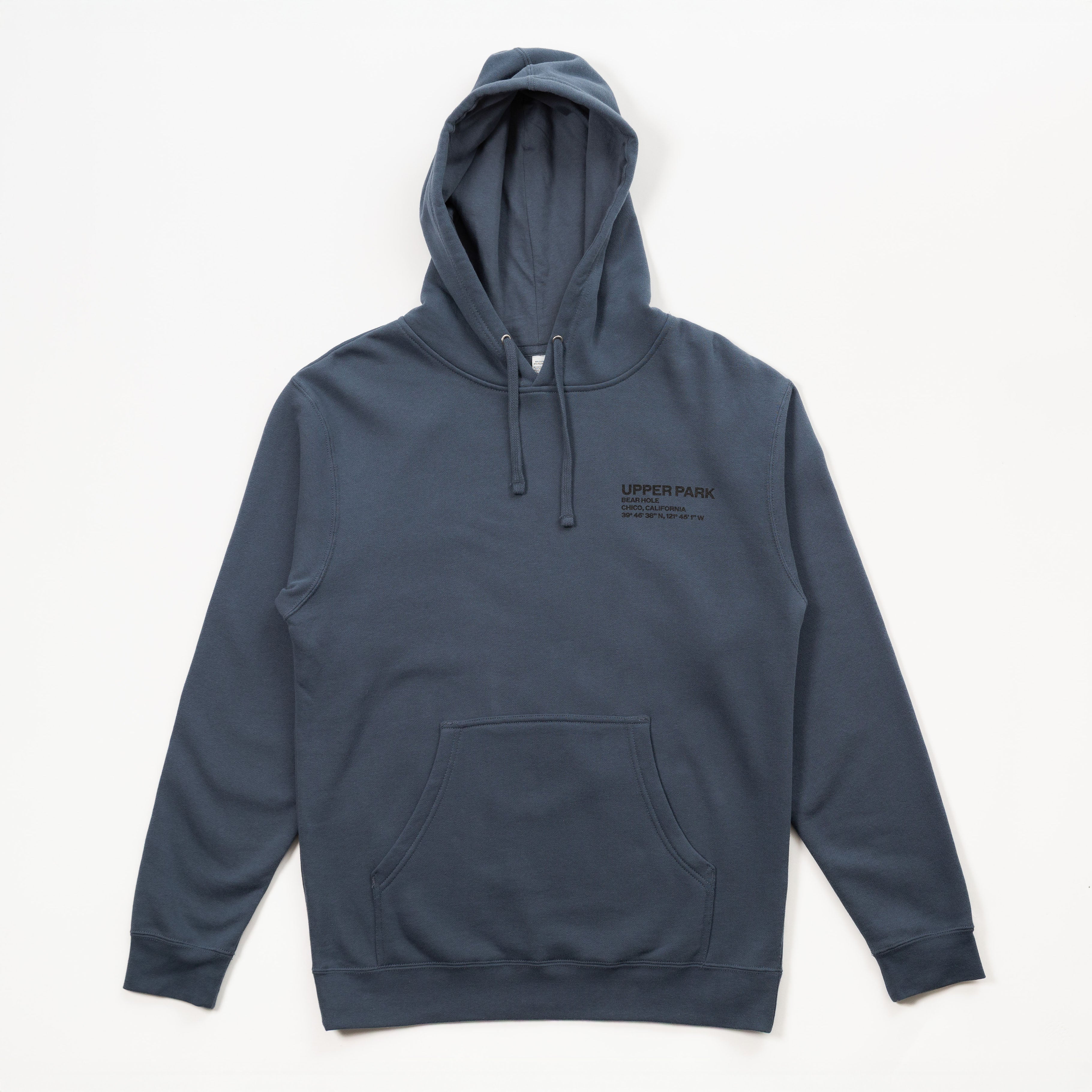 Blue hoodie with a brand logo on a white background