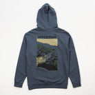 Blue hoodie with a graphic design on the back on a white background