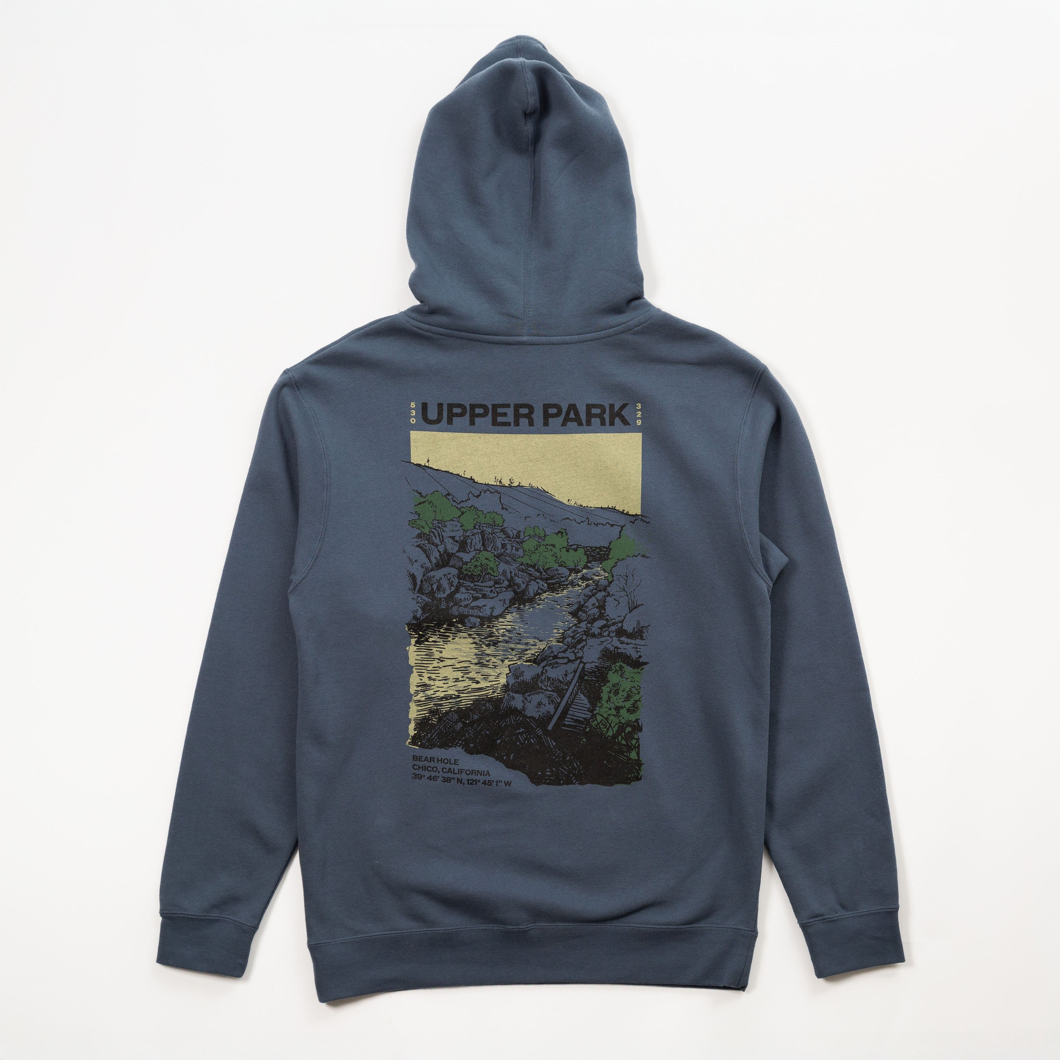 Blue hoodie with a graphic design on the back on a white background