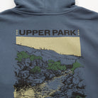 Blue hoodie with 'Upper Park' graphic on the back