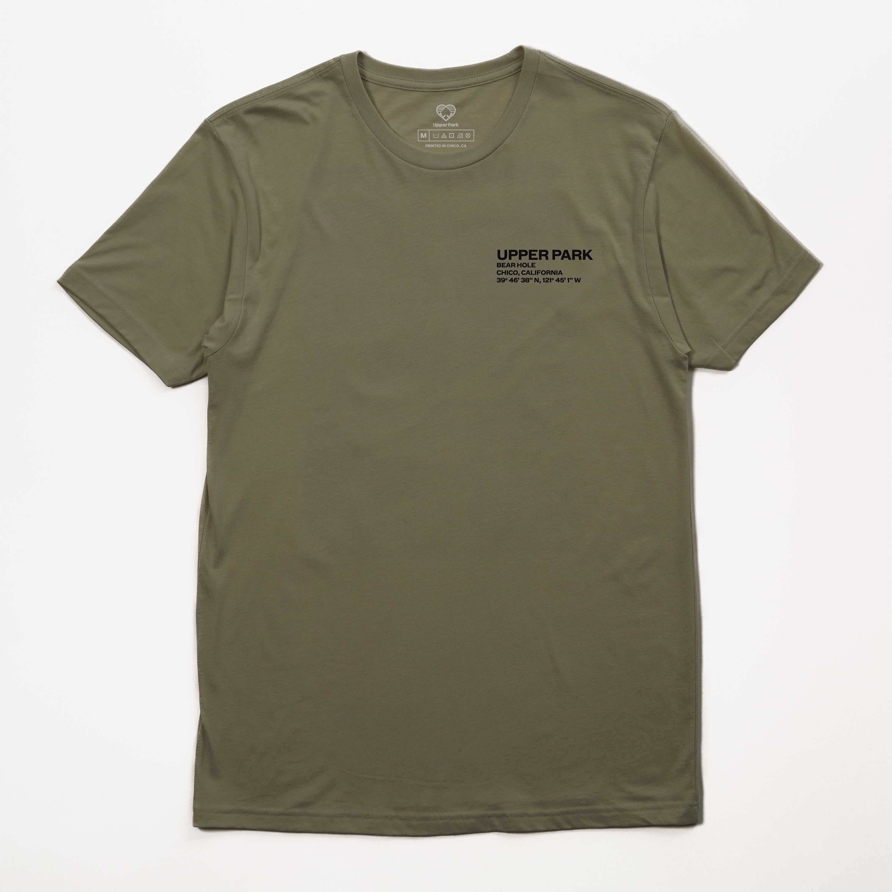 Olive green t-shirt with 'Upper Park' logo on a white background - Bear Hole Upper Bidwell Park