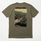 Green t-shirt with a graphic design on the back featuring a landscape and 'Upper Park' text. - Bear Hole Upper Bidwell Park