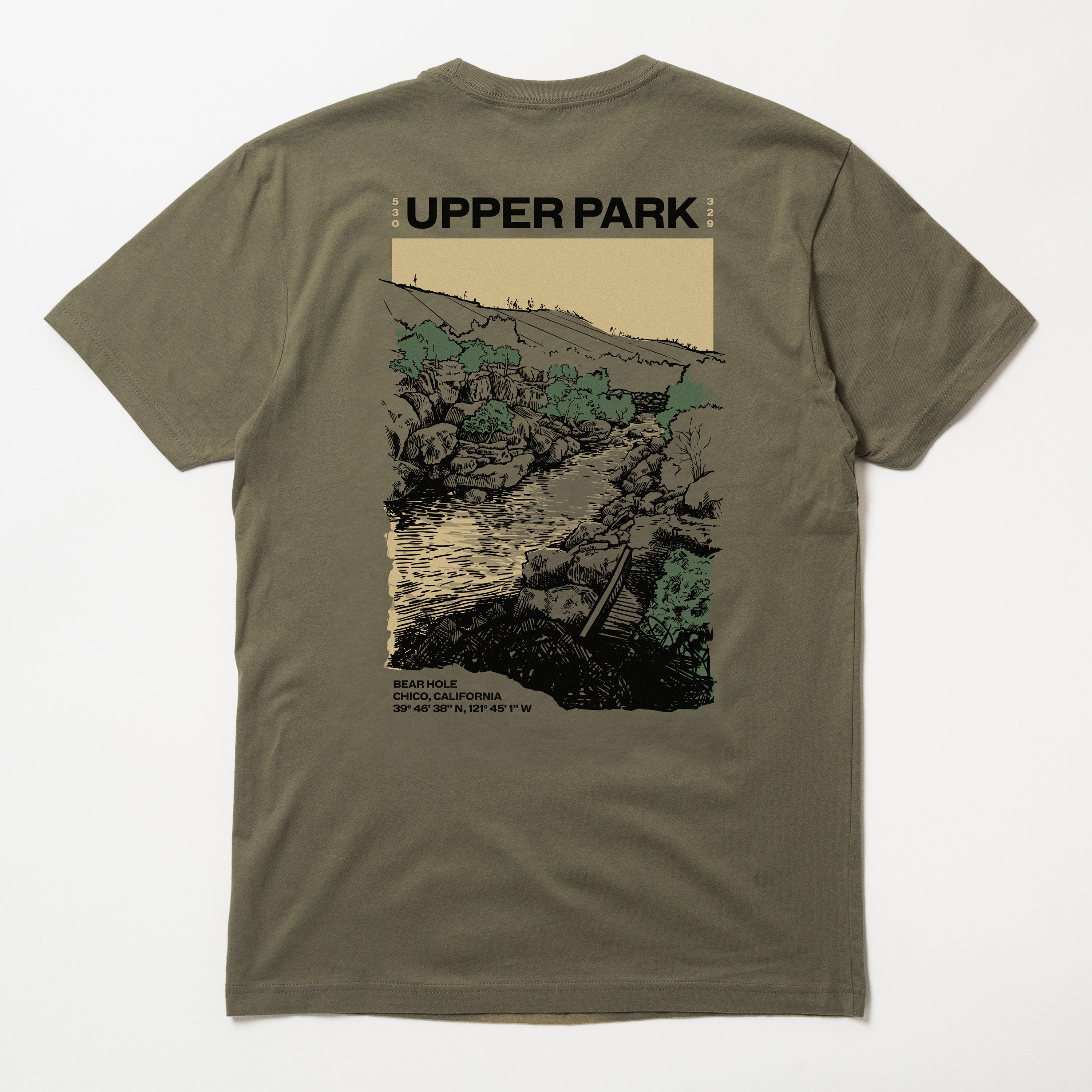 Green t-shirt with a graphic design on the back featuring a landscape and 'Upper Park' text. - Bear Hole Upper Bidwell Park