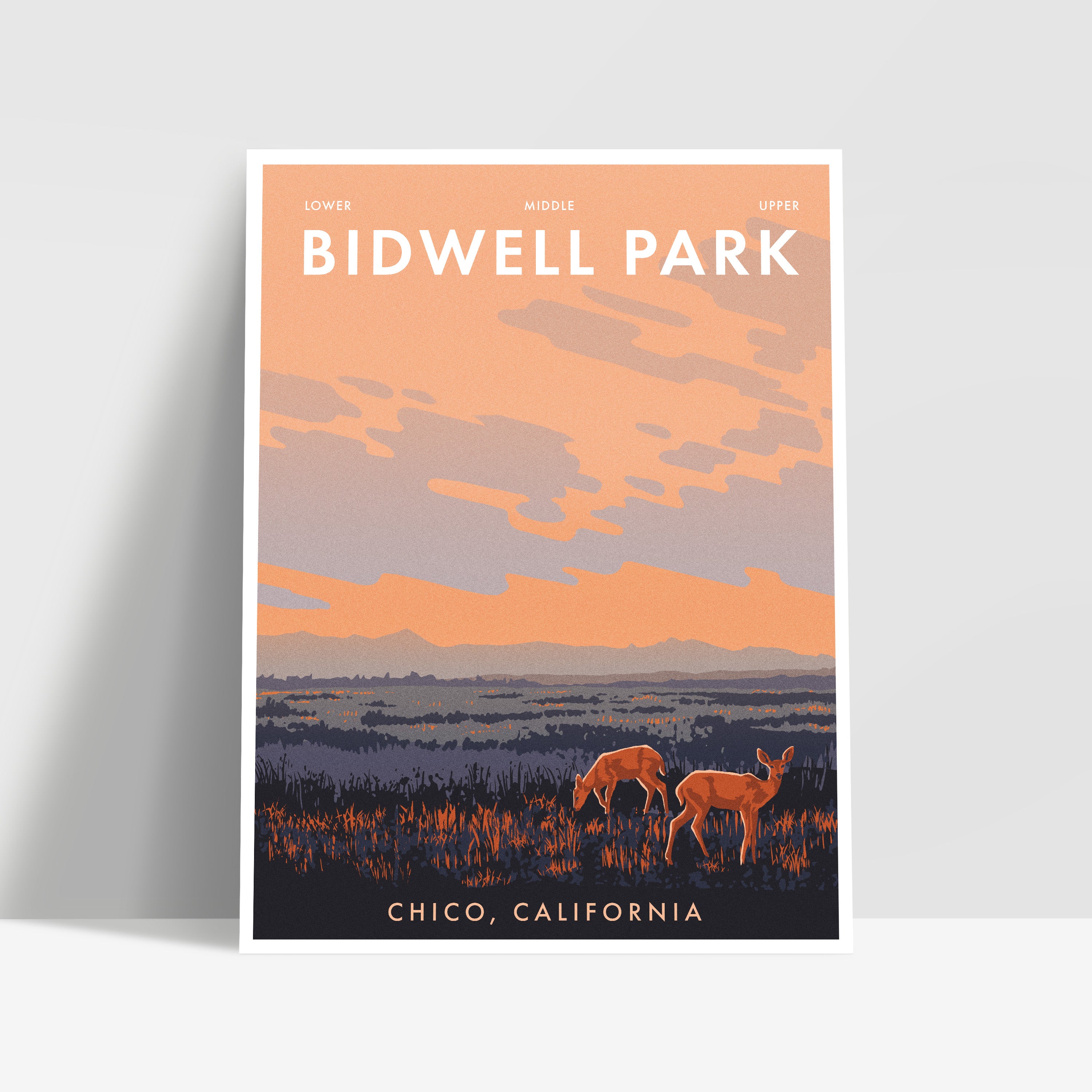 Poster of Bidwell Park with a sunset and deer illustration on a white background