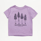 A lavender purple short-sleeve kids' t-shirt featuring a dark purple graphic of four different tree species labeled 'CALIFORNIA FORESTS' and 'COMMON TREES' on the front, displayed flat against a light off-white background.