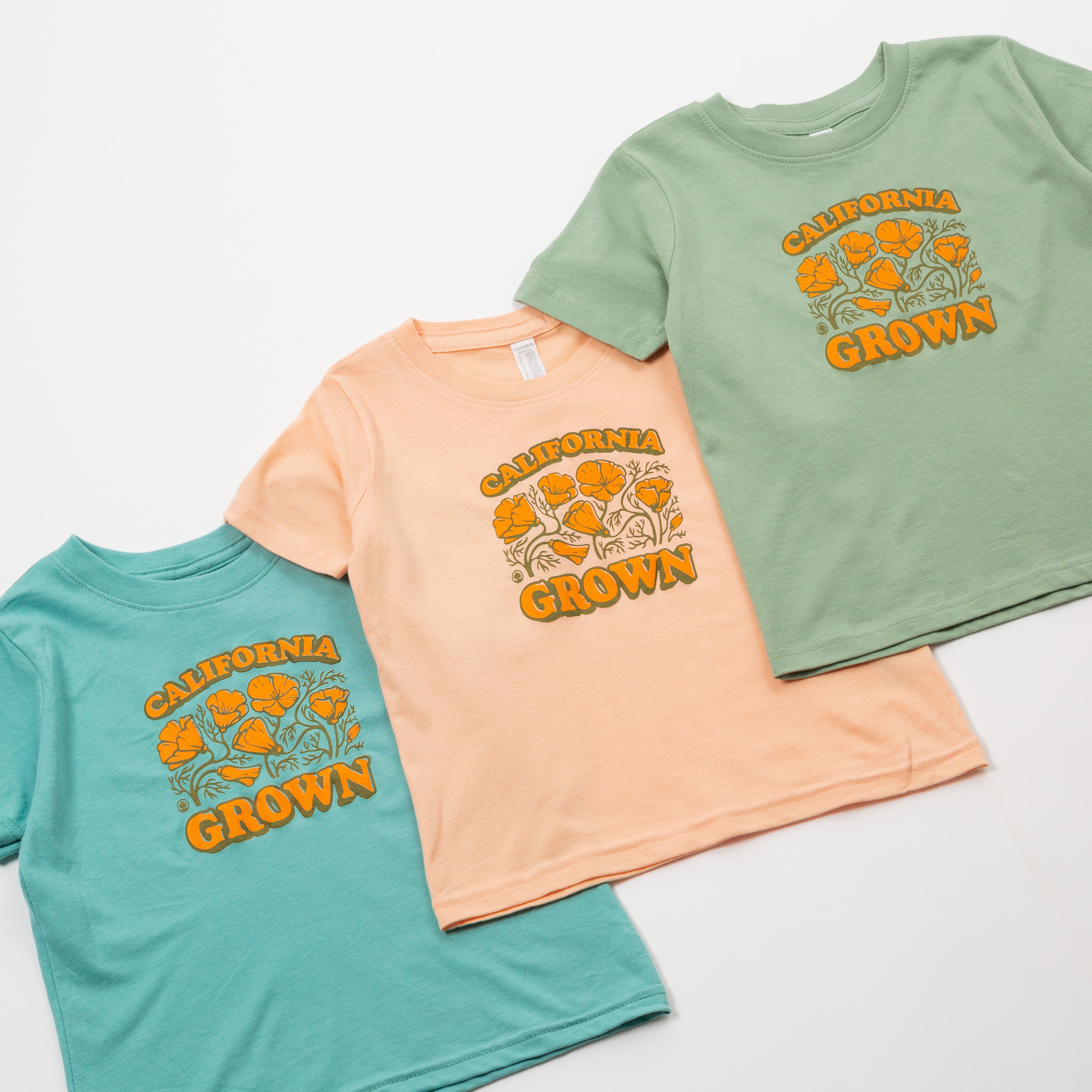 Three t-shirts in green, peach, and blue with 'California Grown' print on a white background