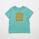 Teal t-shirt with 'California Grown' and flower design on a white background