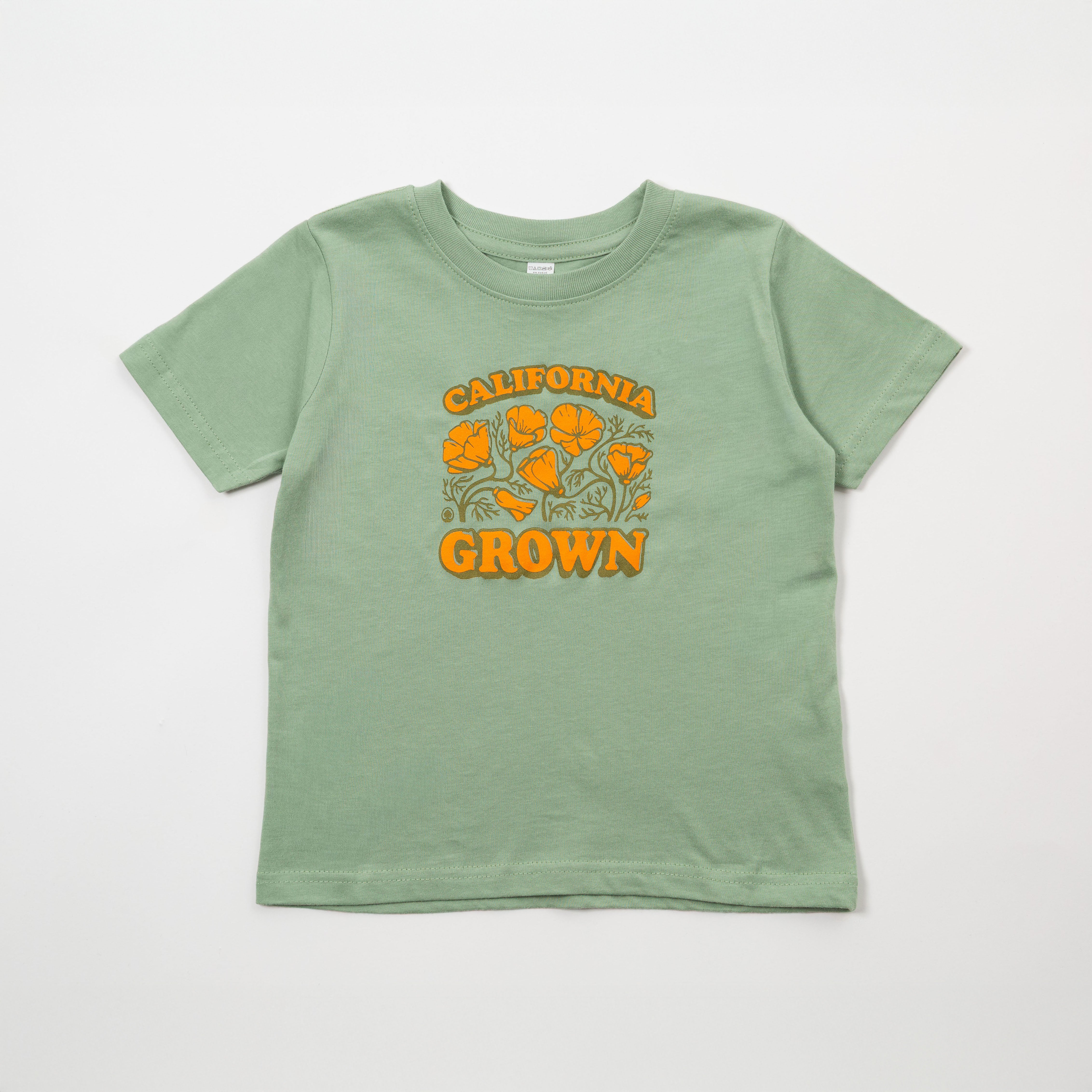 Green t-shirt with 'California Grown' text and floral design on a white background