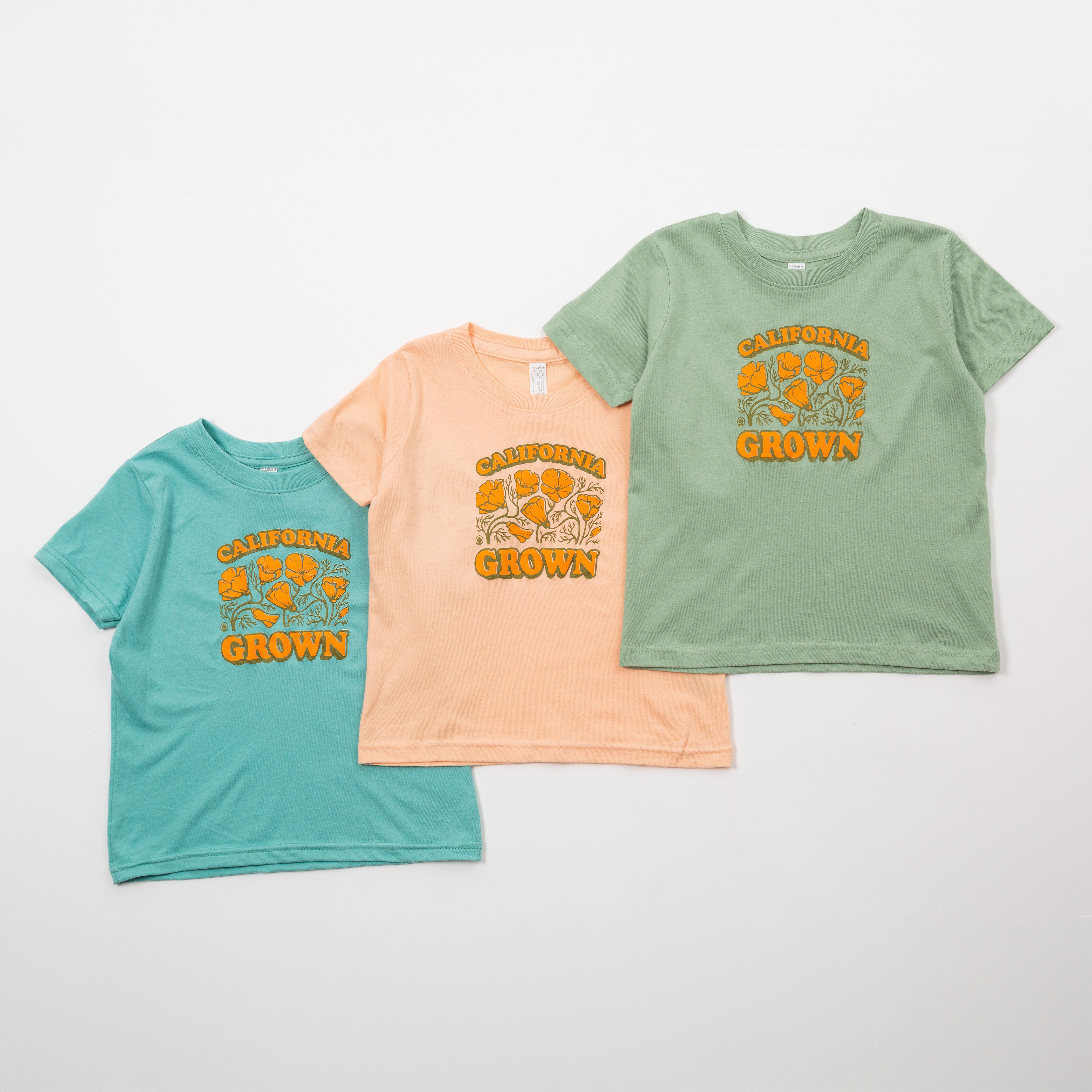Three t-shirts in teal, peach, and green with 'California Grown' text on a light gray background