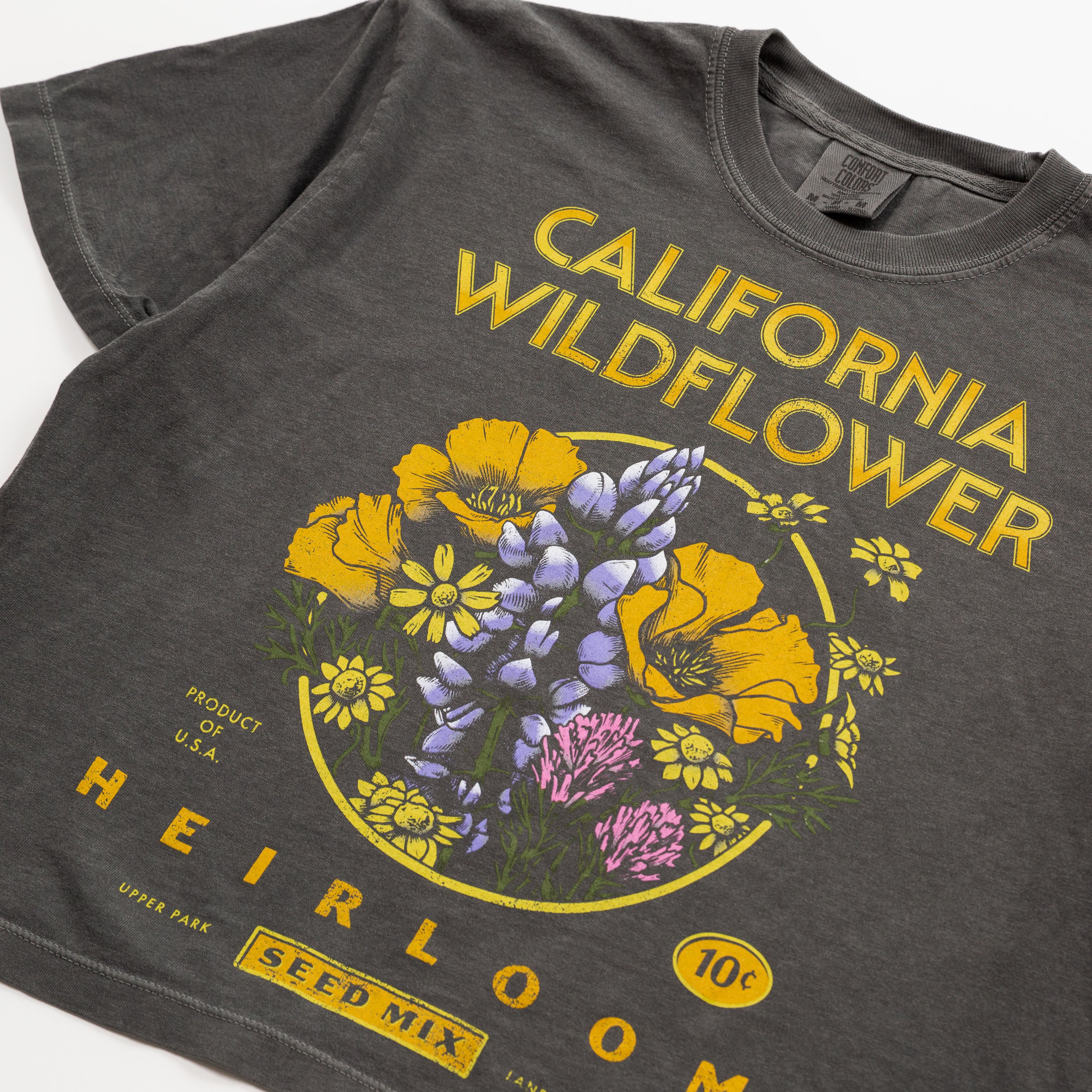 Gray t-shirt with 'California Wildflower' design featuring flowers and text on a white background  - Upper Park California Collection