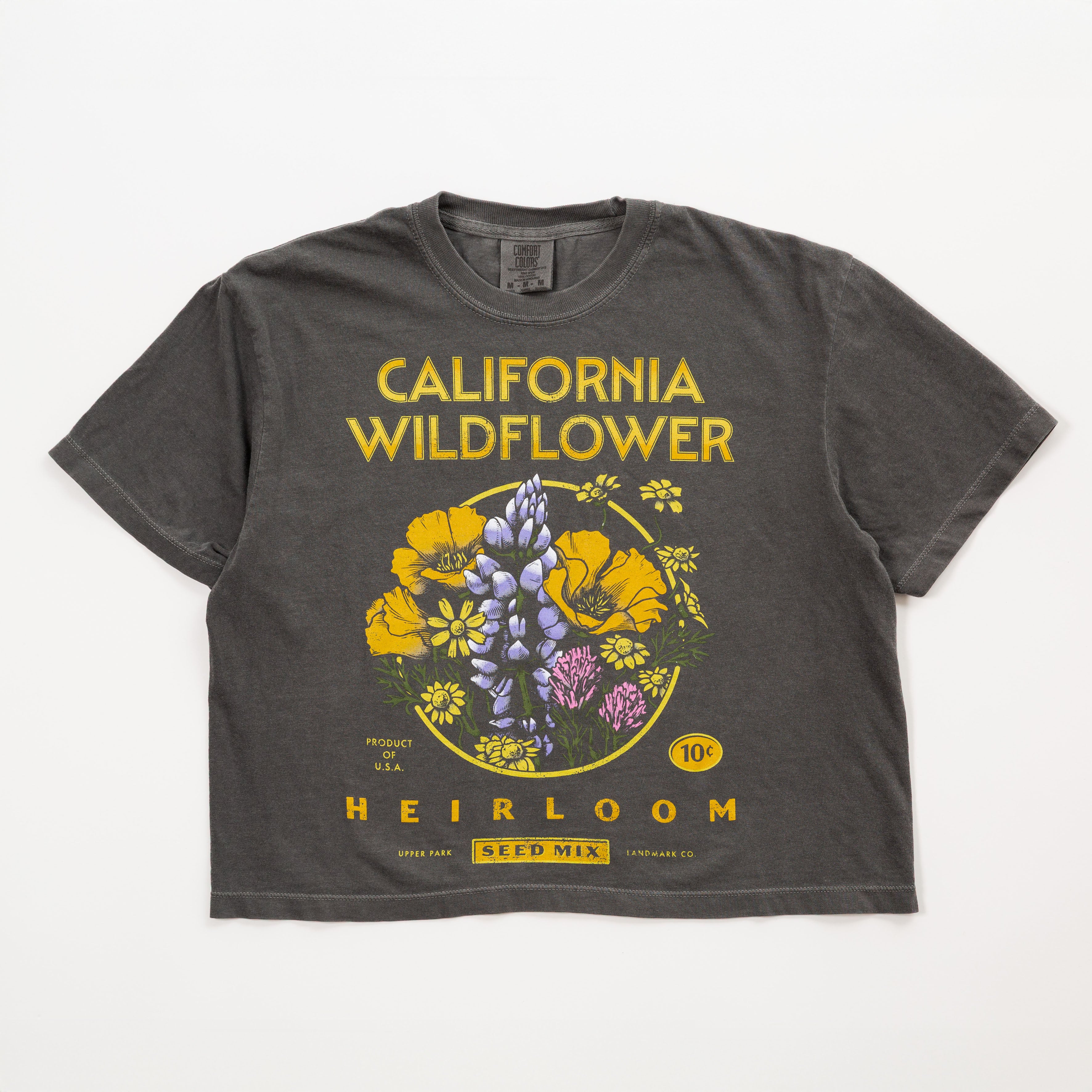 Dark gray t-shirt with 'California Wildflower' graphic design on a white background - Upper Park California Collection