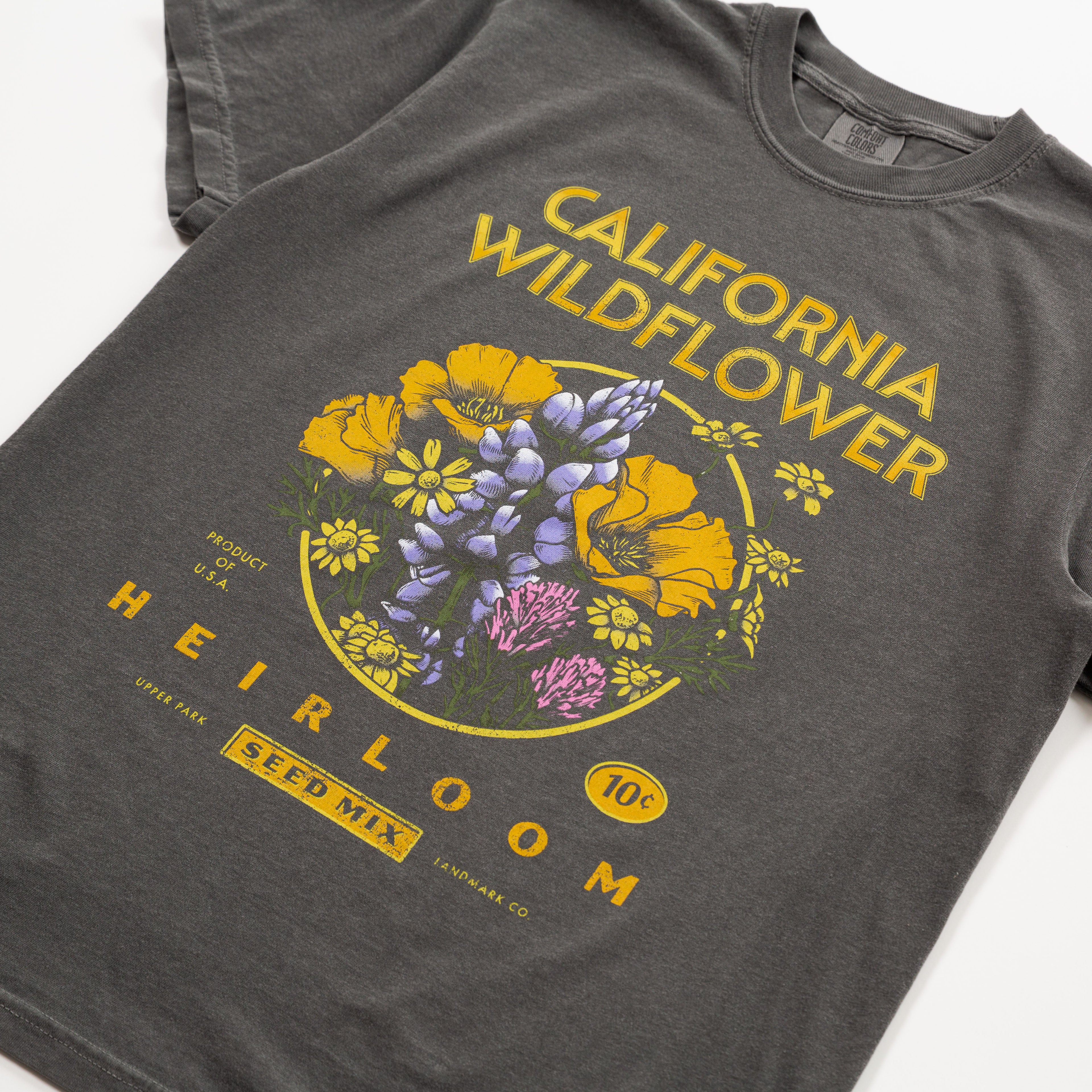 Gray t-shirt with yellow and green floral design and text on a white background  - Upper Park California Collection
