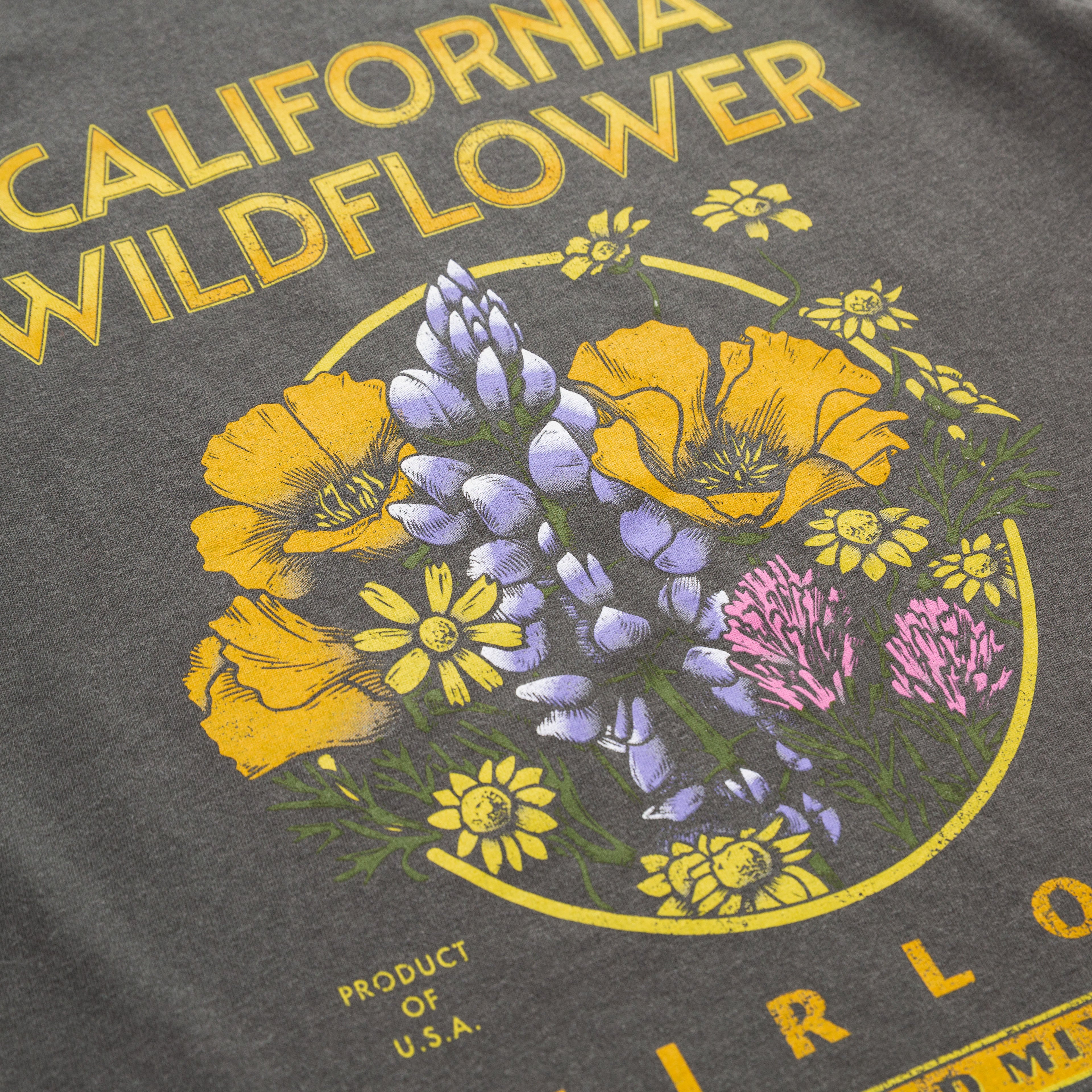 Dark gray t-shirt with colorful California wildflower design and 'Product of USA' text - Upper Park California Collection