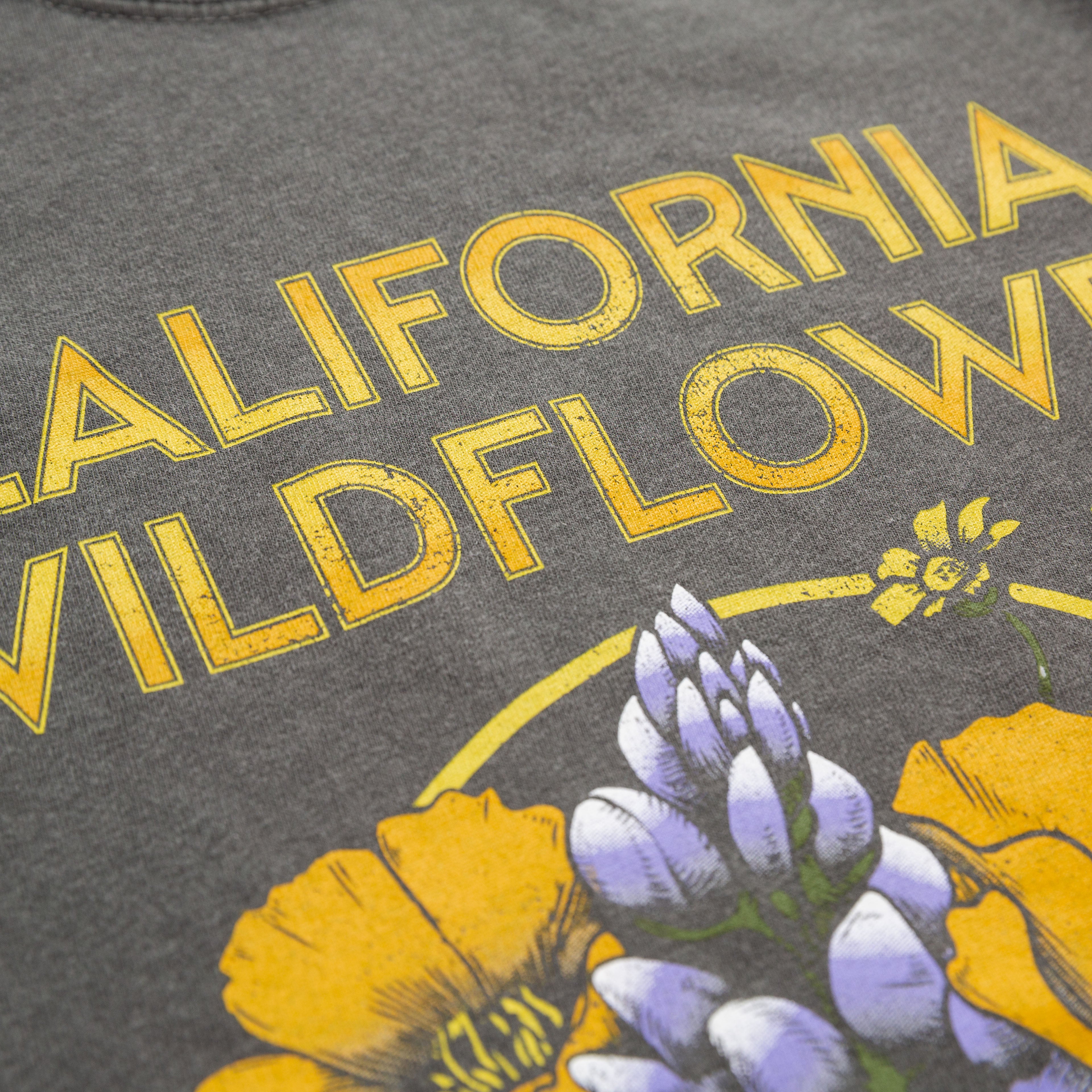 Gray t-shirt with yellow 'California Wildflowers' text and floral graphics  - Upper Park California Collection