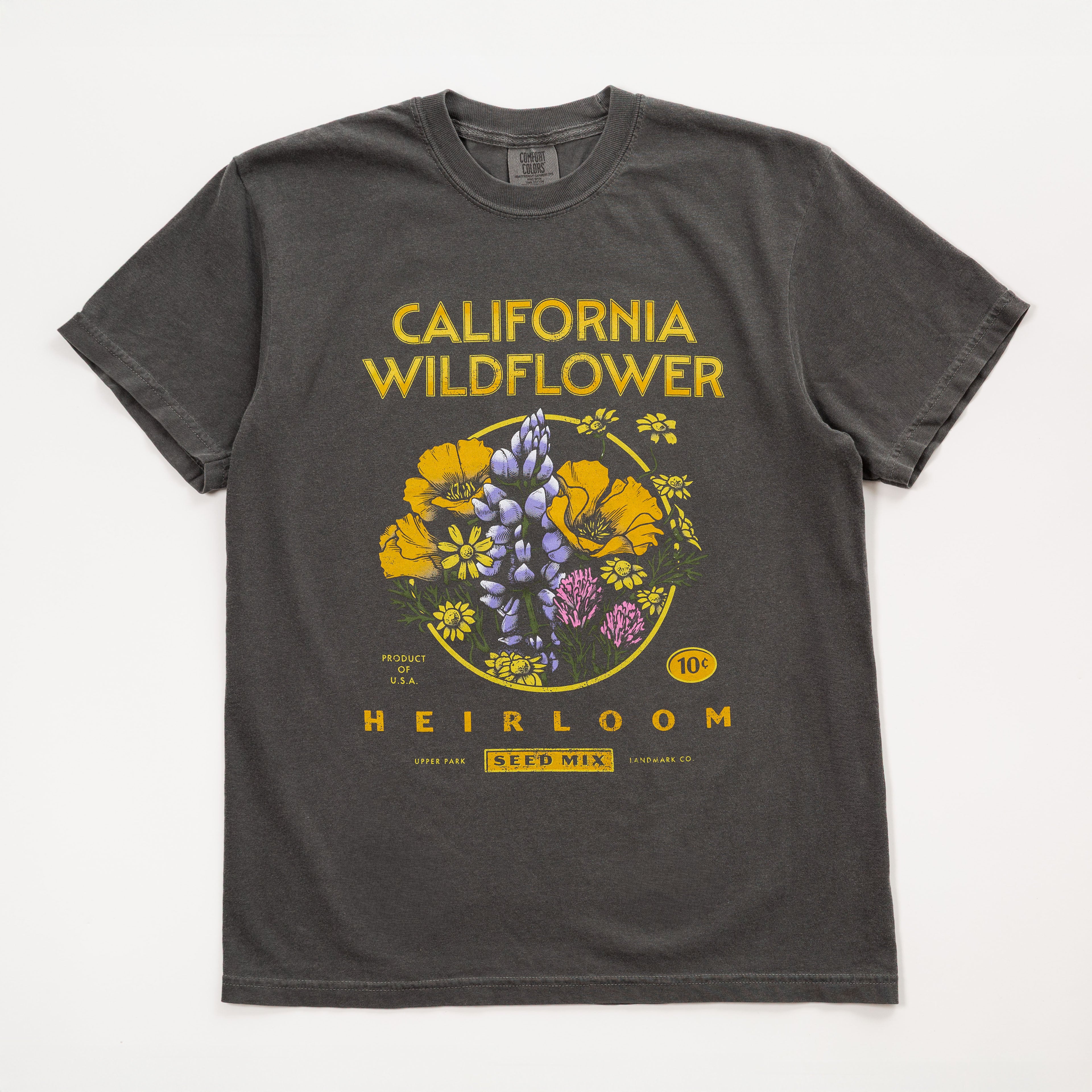 Gray t-shirt with 'California Wildflower' graphic design on a white background  - Upper Park California Collection