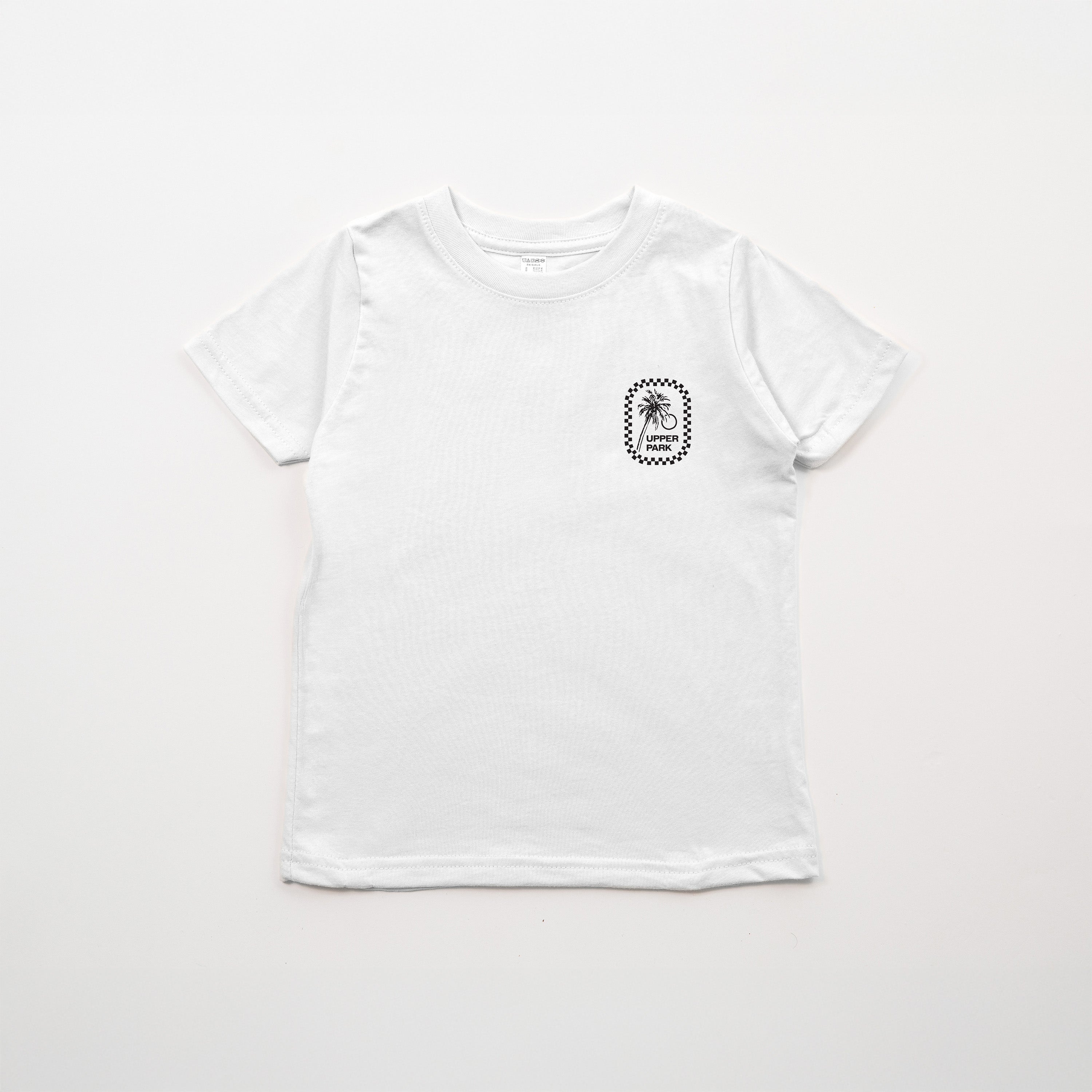 White t-shirt with a small palm tree logo on a light gray background - Upper Park