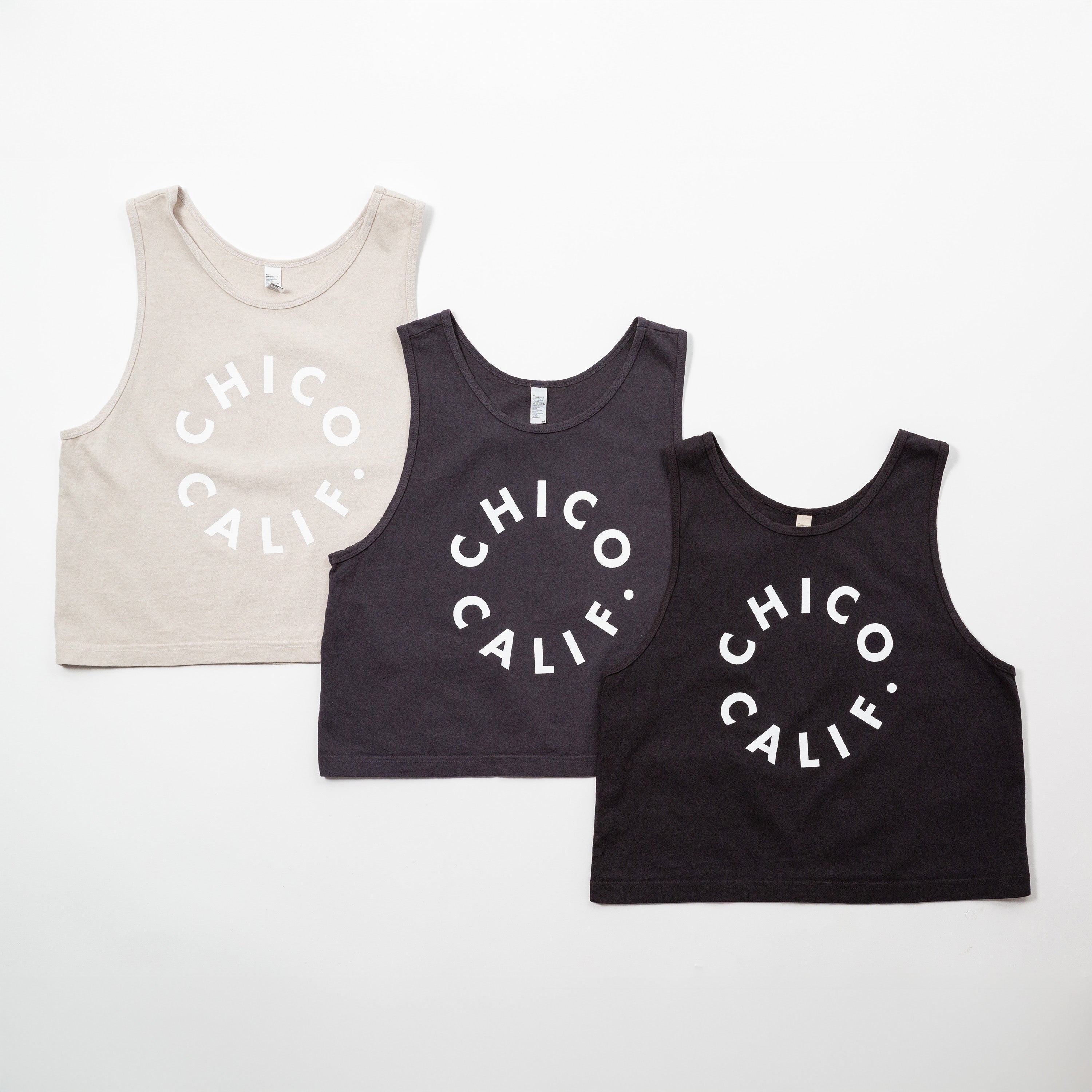 Chico Women's Tank Top - Upper Park Clothing - Three tank tops with 'Chico Calif.' text on a white background